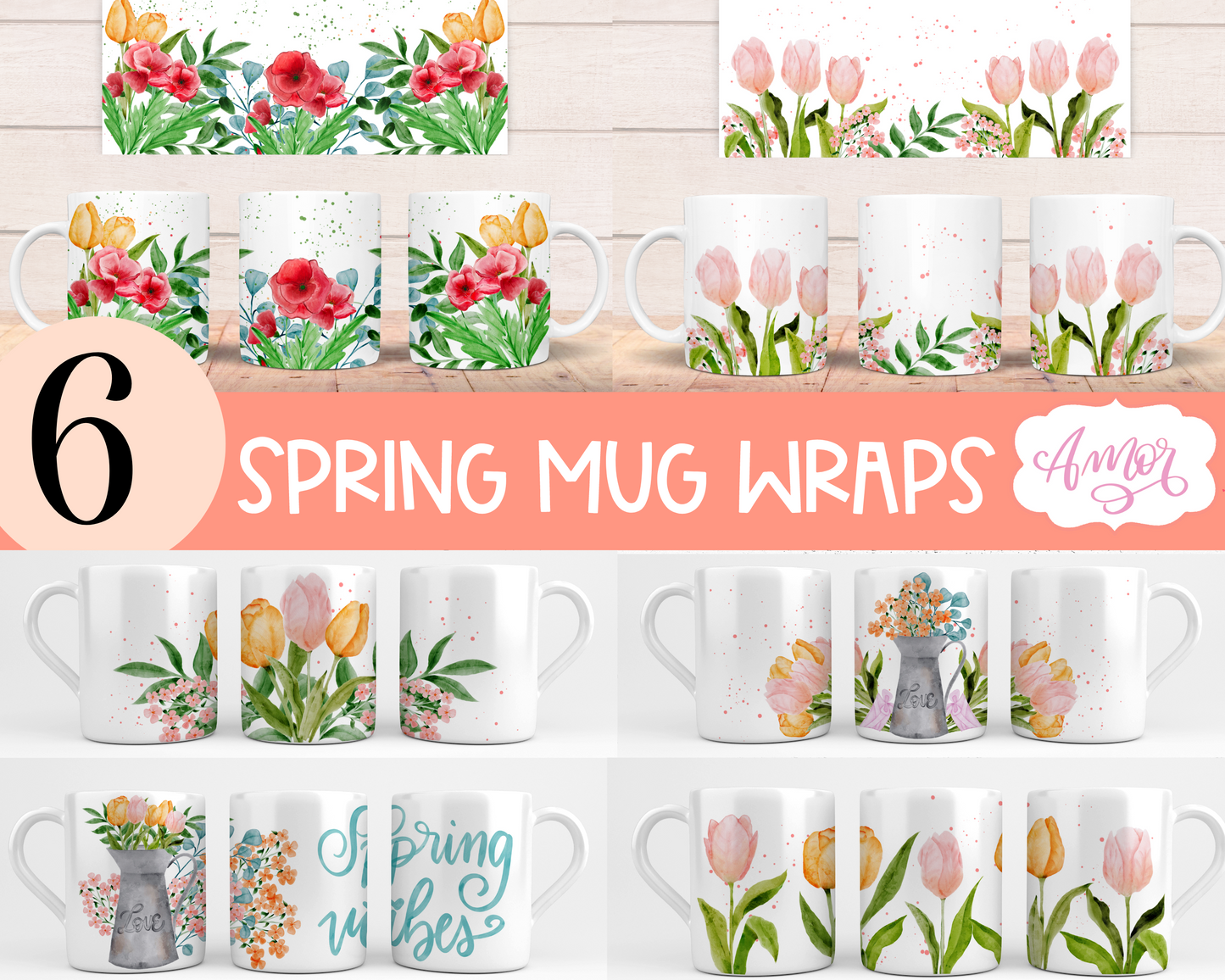 Watercolor Spring floral Mug Wraps for Sublimation BUNDLE
