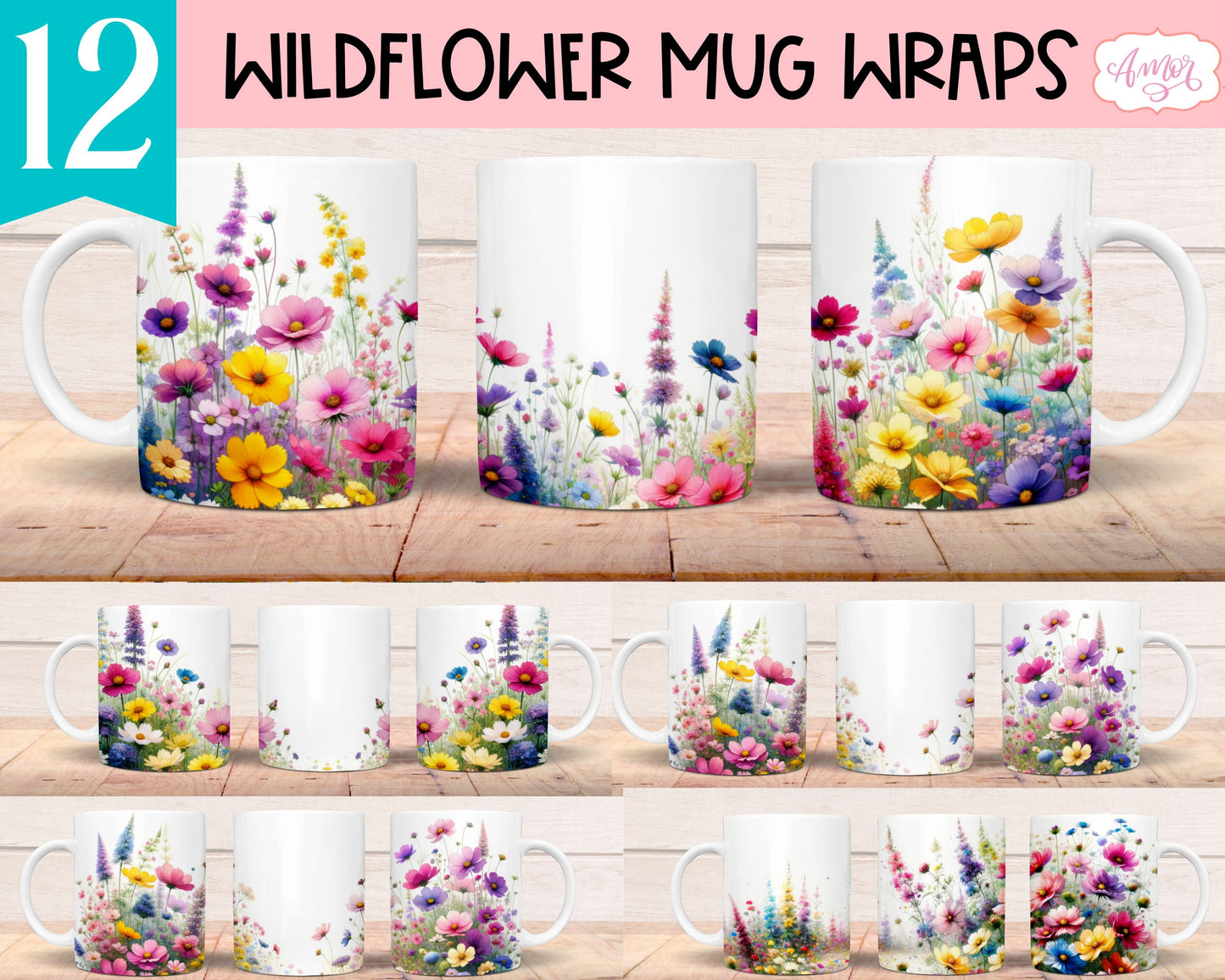 Wildflowers Garden Mug Wrap PNG for Sublimation BUNDLE
