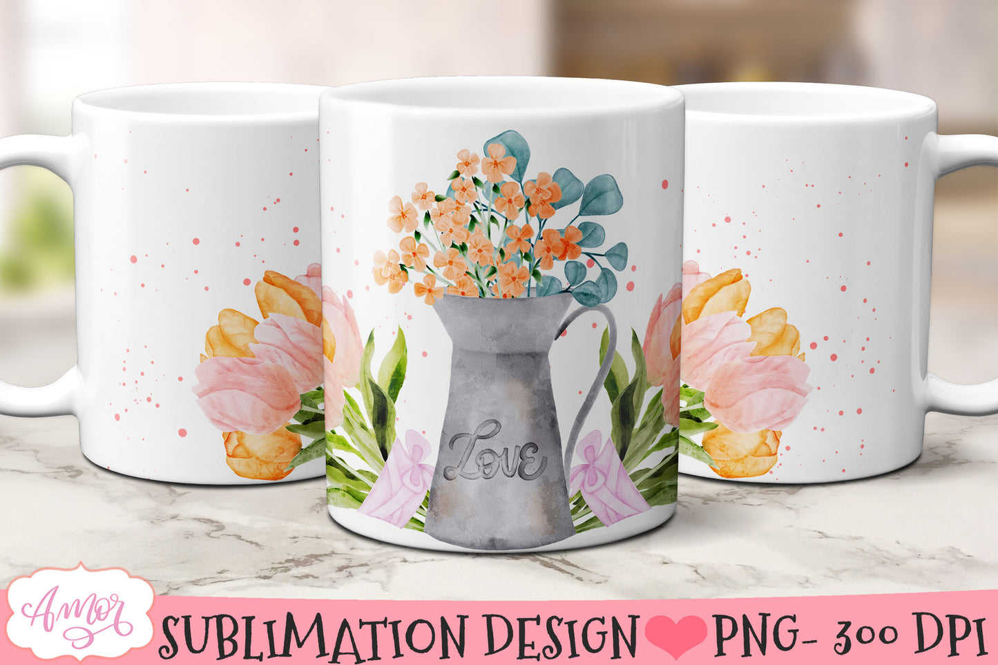 Watercolor Spring floral Mug Wraps for Sublimation BUNDLE