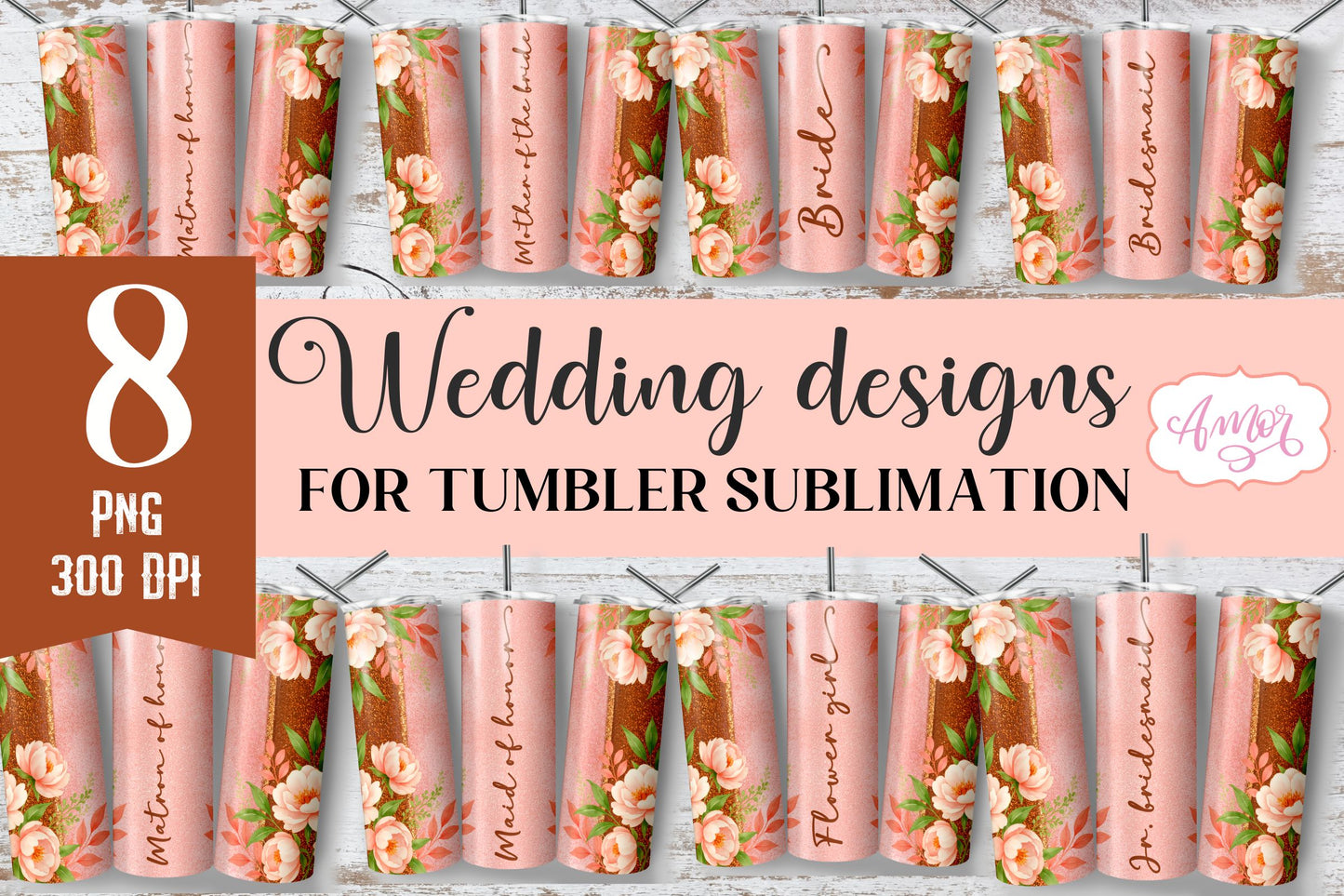 Wedding Tumbler Wrap sublimation PNG, Copper floral tumbler