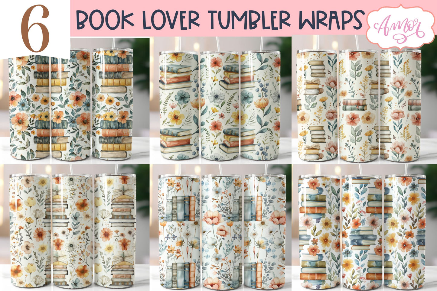 Book and flowers tumbler wrap PNG | Book lover tumbler bundle