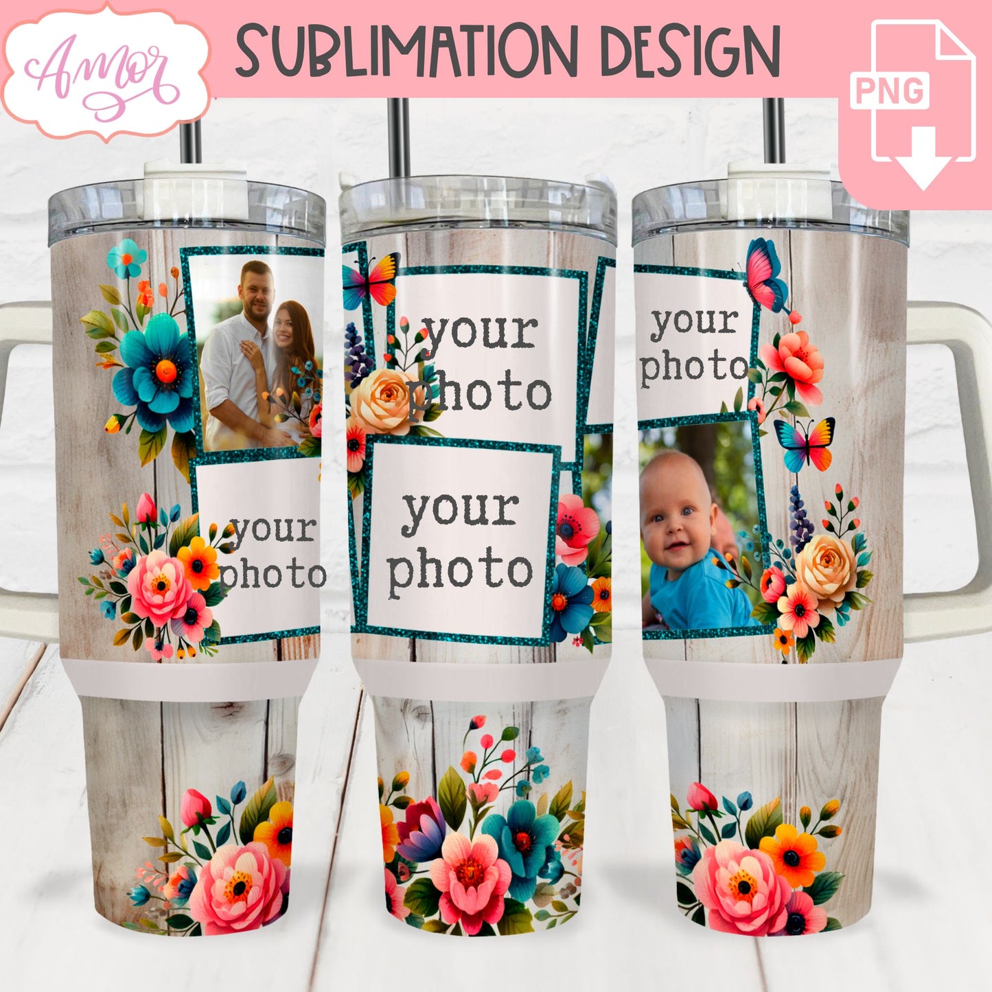 Floral 40oz photo tumbler wrap PNG, picture tumbler template