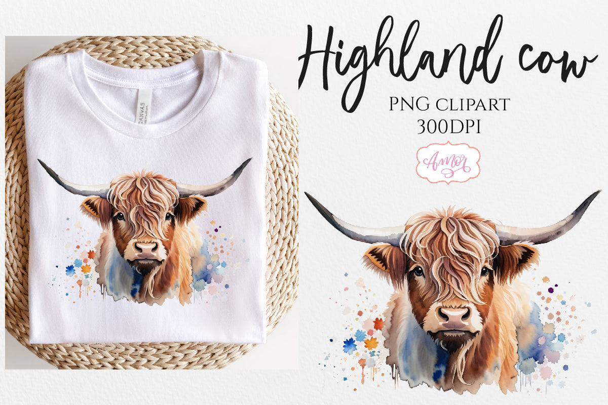 Watercolor highland cow PNG for sublimation clipart