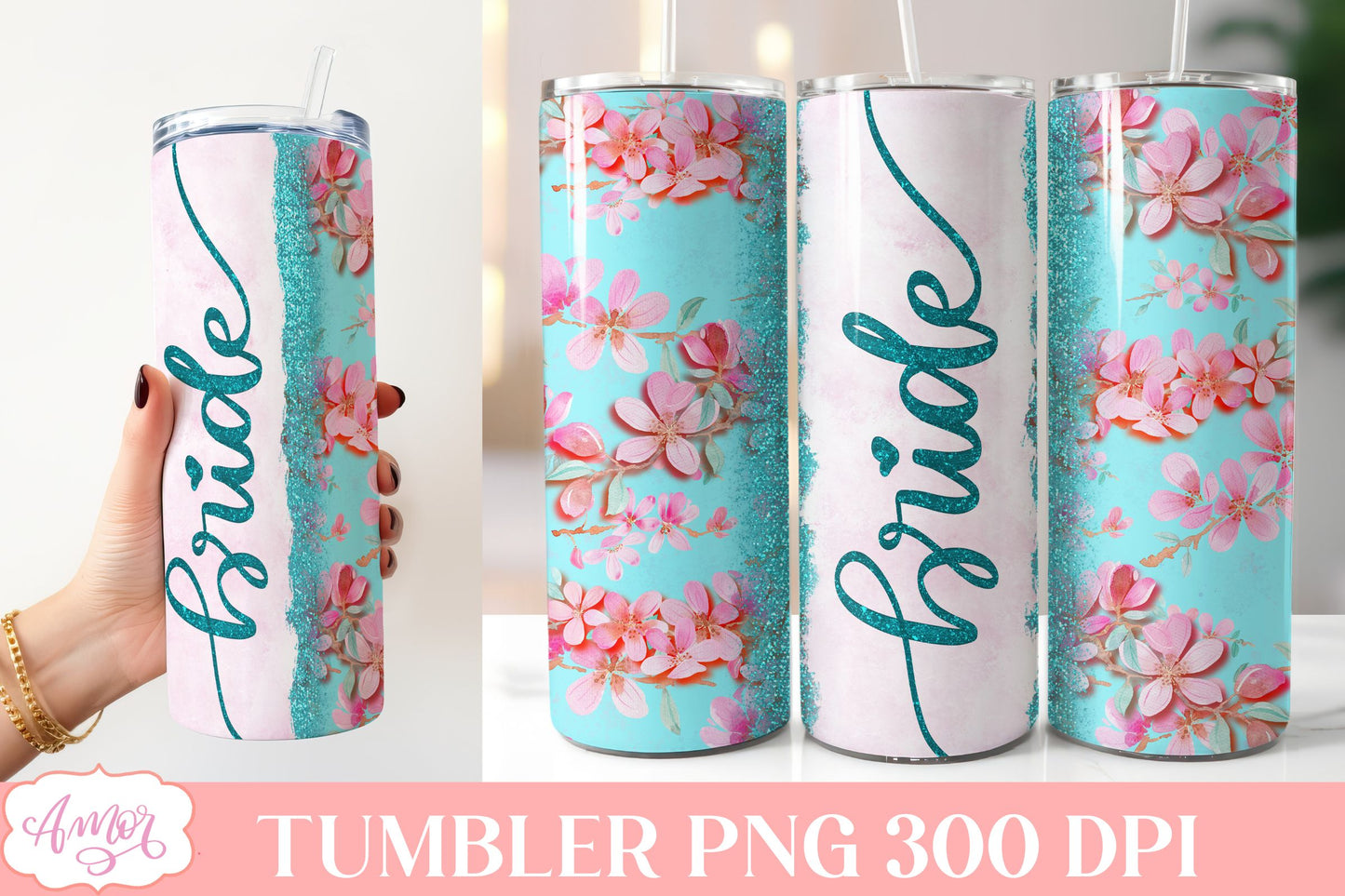 Teal Wedding Tumbler Wraps PNG for Sublimation BUNDLE