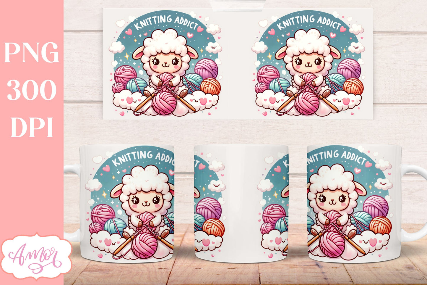 Knitting addict mug wrap PNG for sublimation | Knitter mug