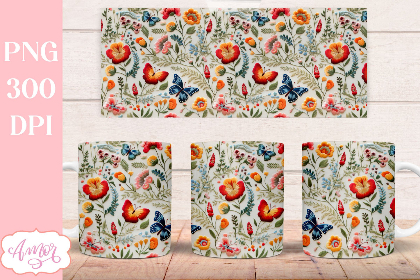 3D embroidery flowers mug wrap design sublimation
