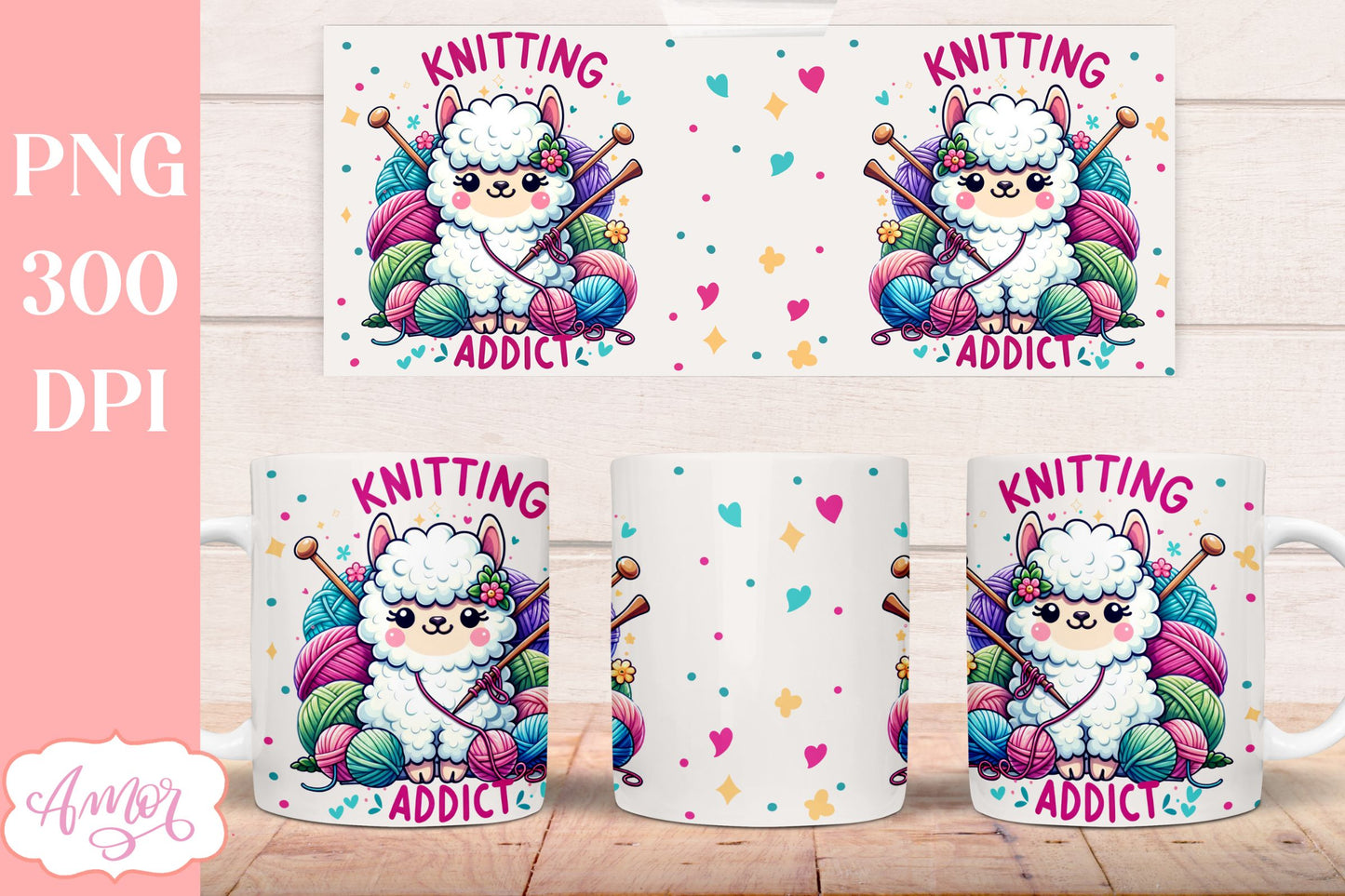 Knitting addict mug wrap PNG for sublimation | Knitter mug
