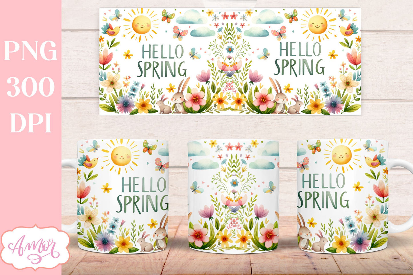 Cute Spring Mug Wrap PNG for Sublimation | Hello Spring PNG