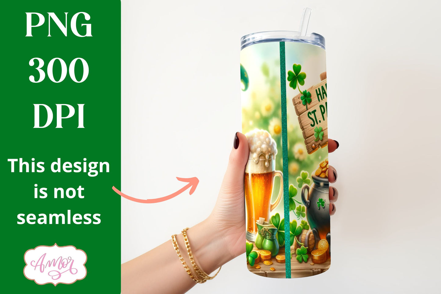 St. Patrick's Day gnome tumbler wrap PNG for sublimation