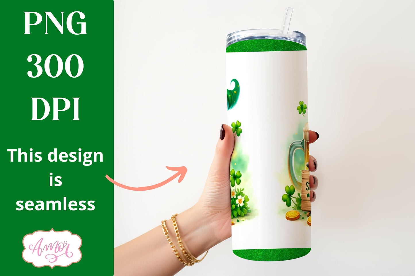 St. Patrick's Day gnome tumbler wrap PNG for sublimation