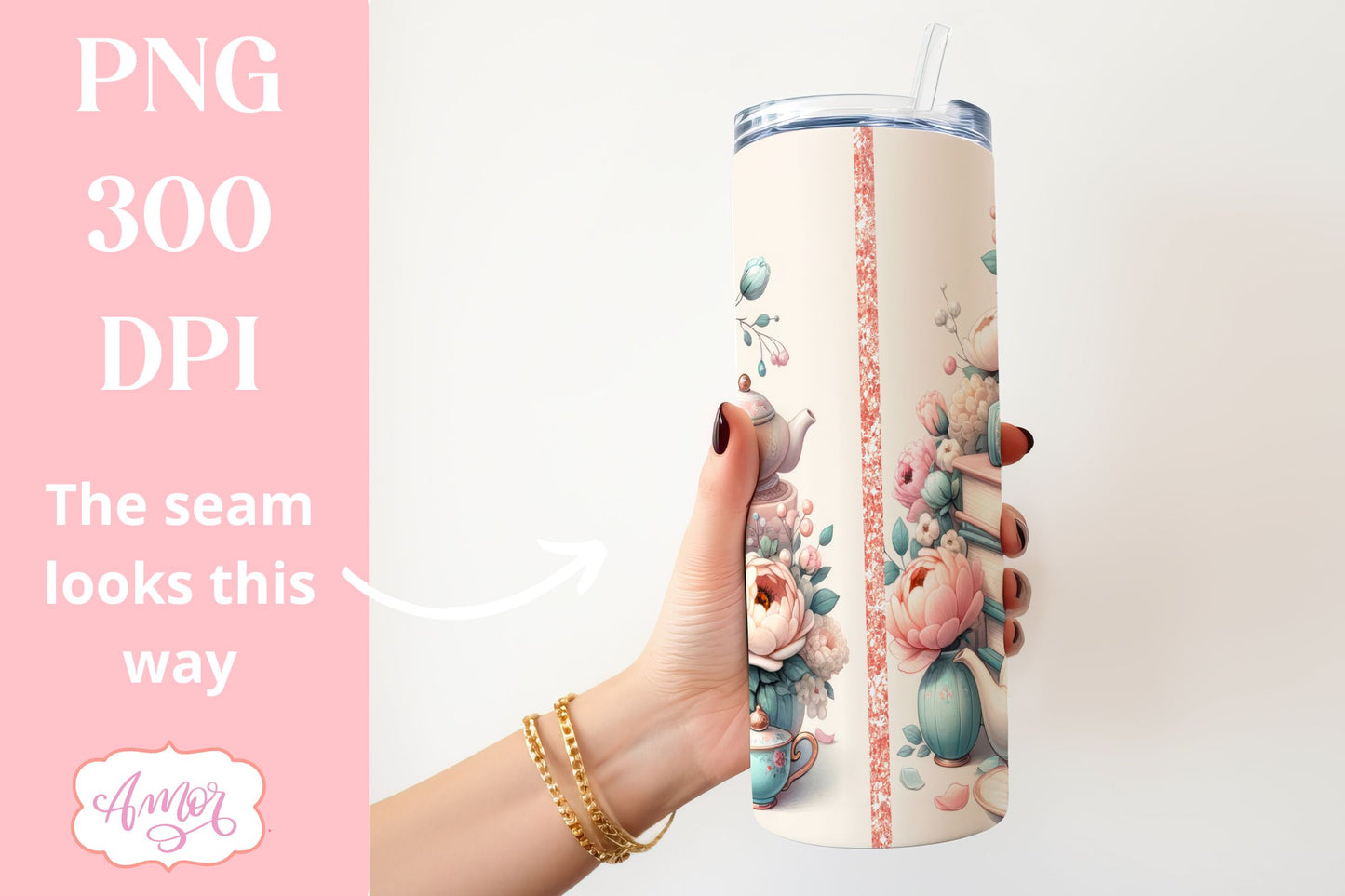 Tea and books tumbler wrap sublimation PNG | book lover PNG