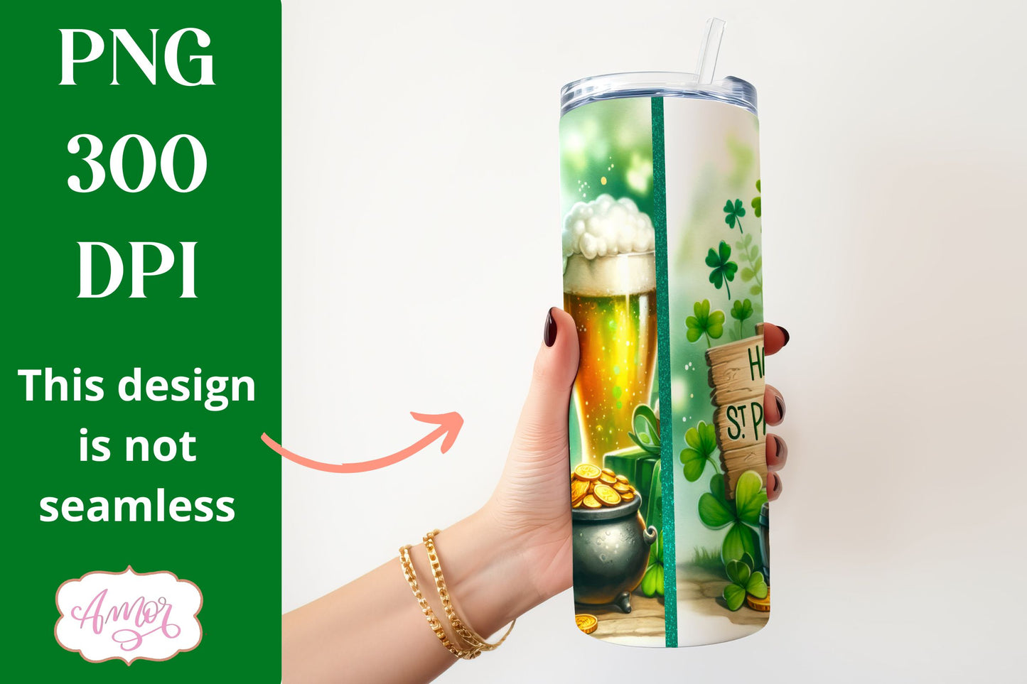 St. Patrick's Day gnome tumbler wrap PNG for sublimation
