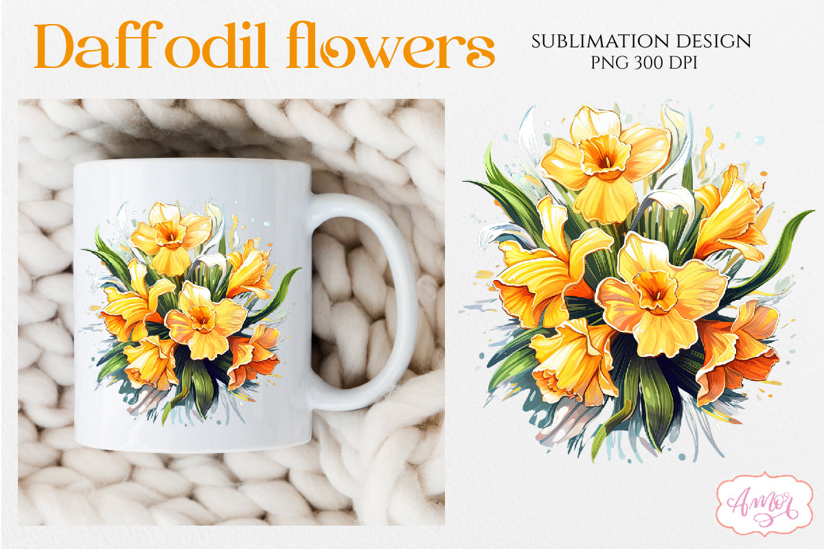 Daffodil flowers sublimation PNG bundle | Yellow flowers PNG