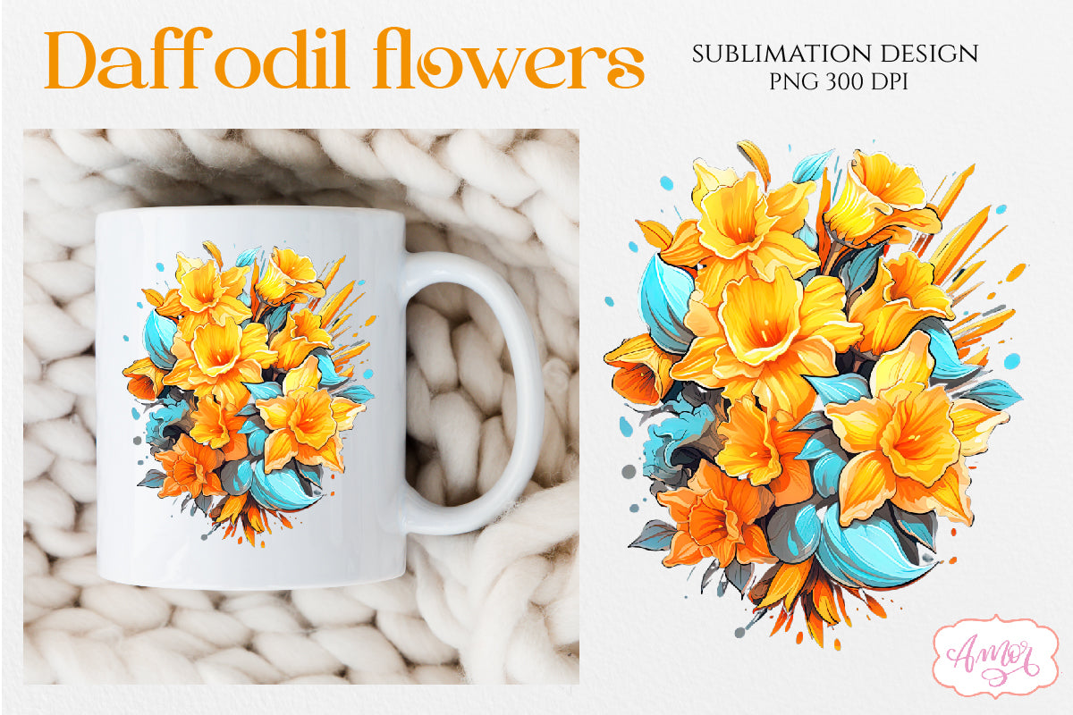 Daffodil flowers sublimation PNG bundle | Yellow flowers PNG