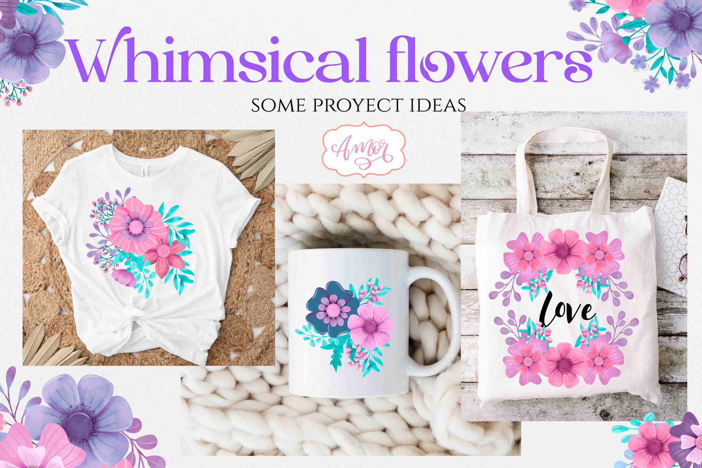 Hand painted whimsical flowers clipart PNG