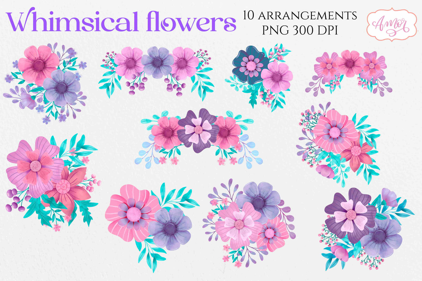 Hand painted whimsical flowers clipart PNG
