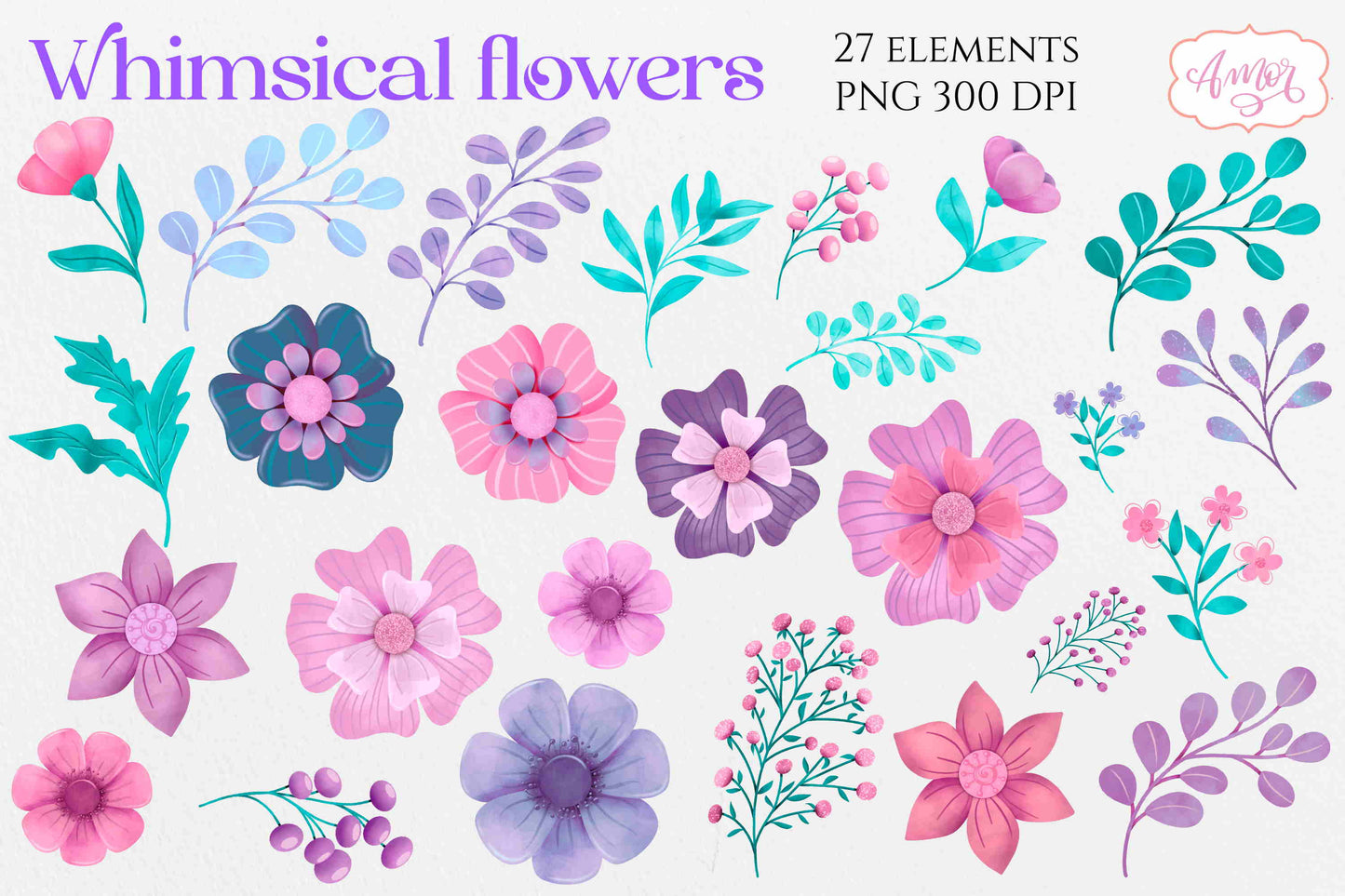 Hand painted whimsical flowers clipart PNG