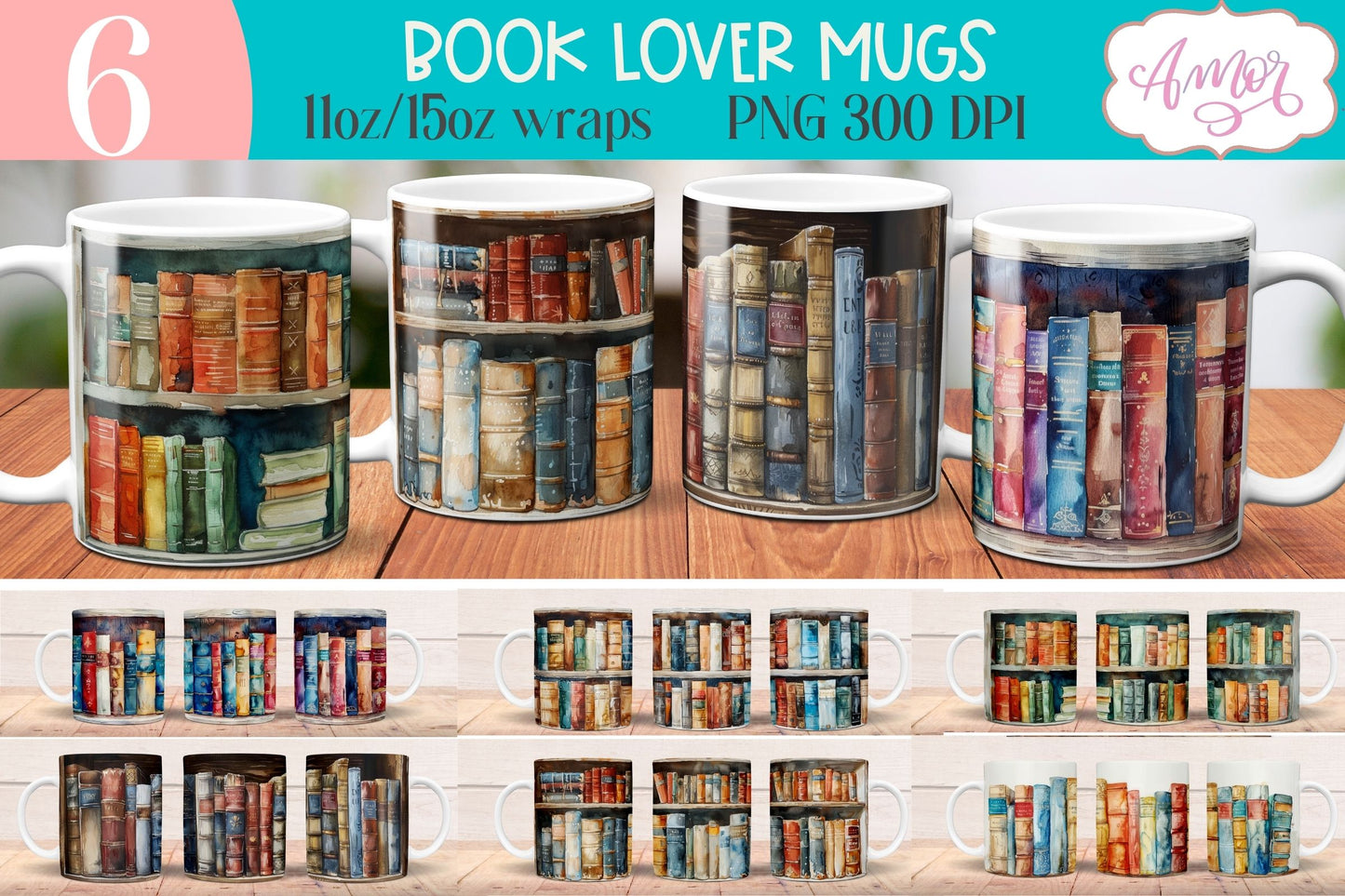 Bookshelf mug wrap PNG for Sublimation | Book lover mug png