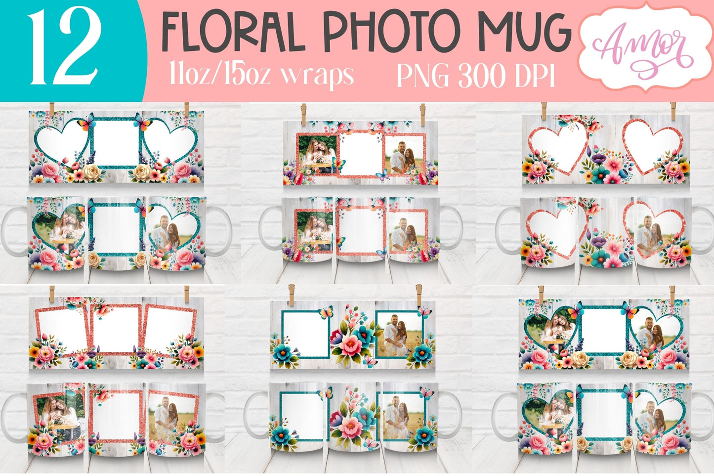 Floral photo mug templates PNG BUNDLE, customizable mug png