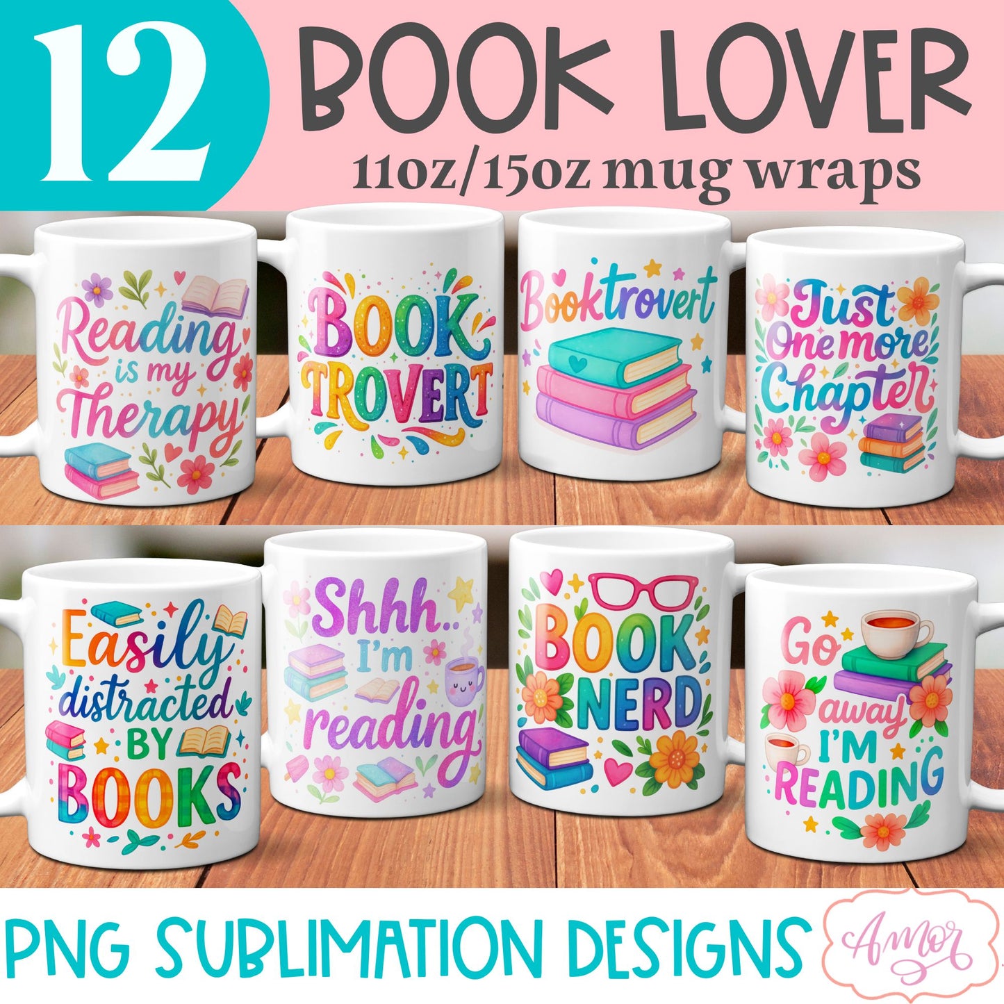 Book lover mug wrap sublimation PNG BUNDLE, book nerd mugs