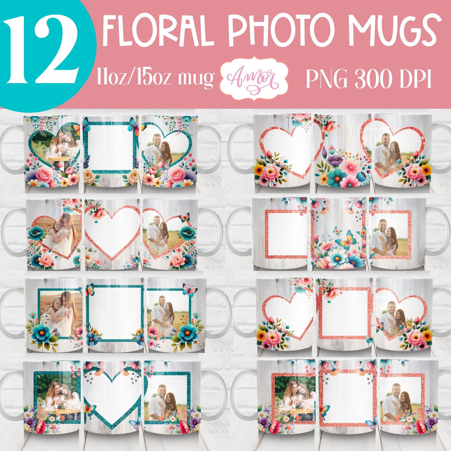 Floral photo mug templates PNG BUNDLE, customizable mug png