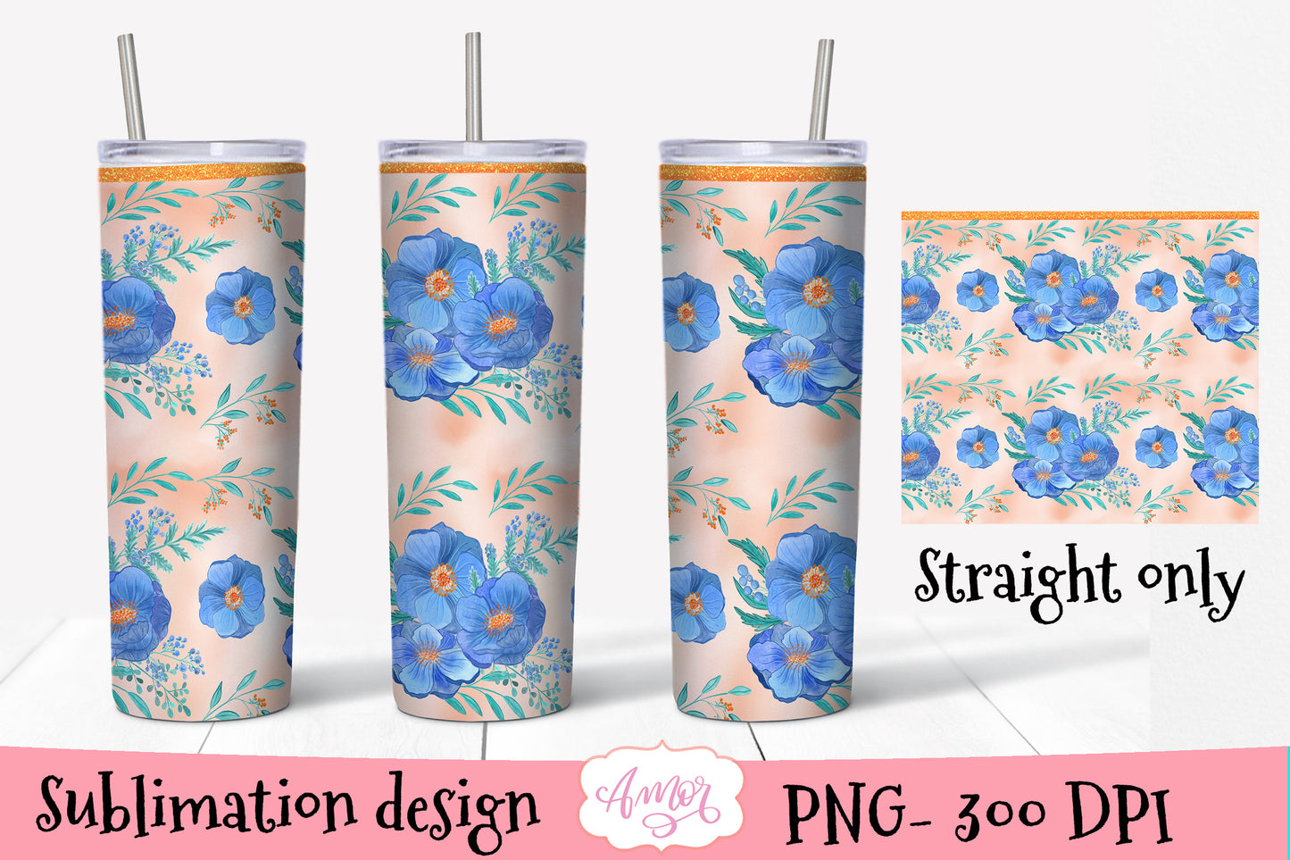 Blue Floral 20oz tumbler wrap for sublimation