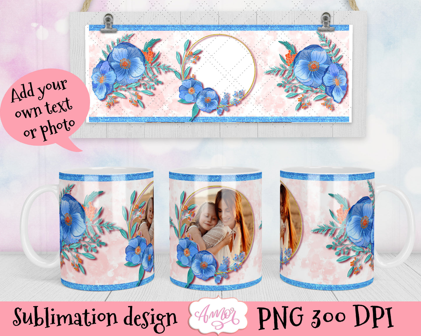 Watercolor Blue Floral Designs for mug sublimation BUNDLE