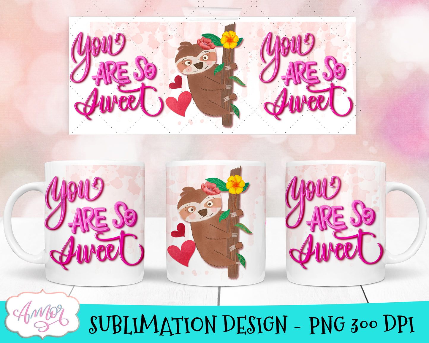 Cute Sloths Valentines Mug Wrap for Sublimation Bundle
