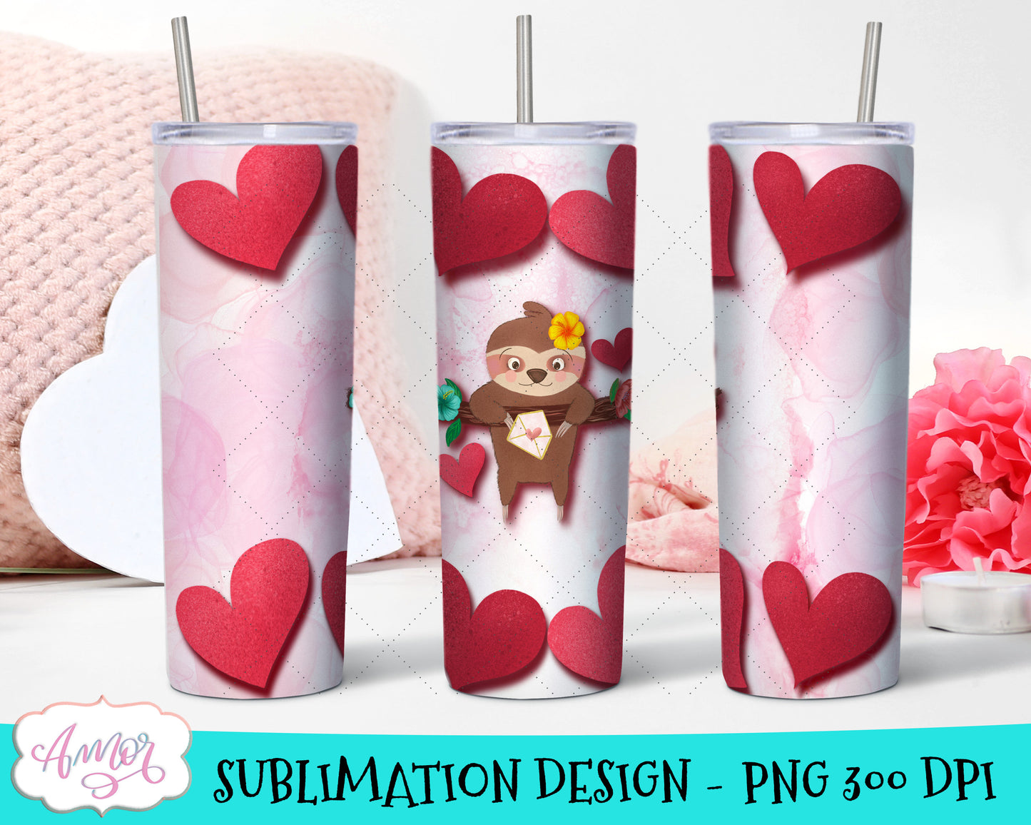 Sloths Valentines Skinny Tumbler Wrap for Sublimation Bundle