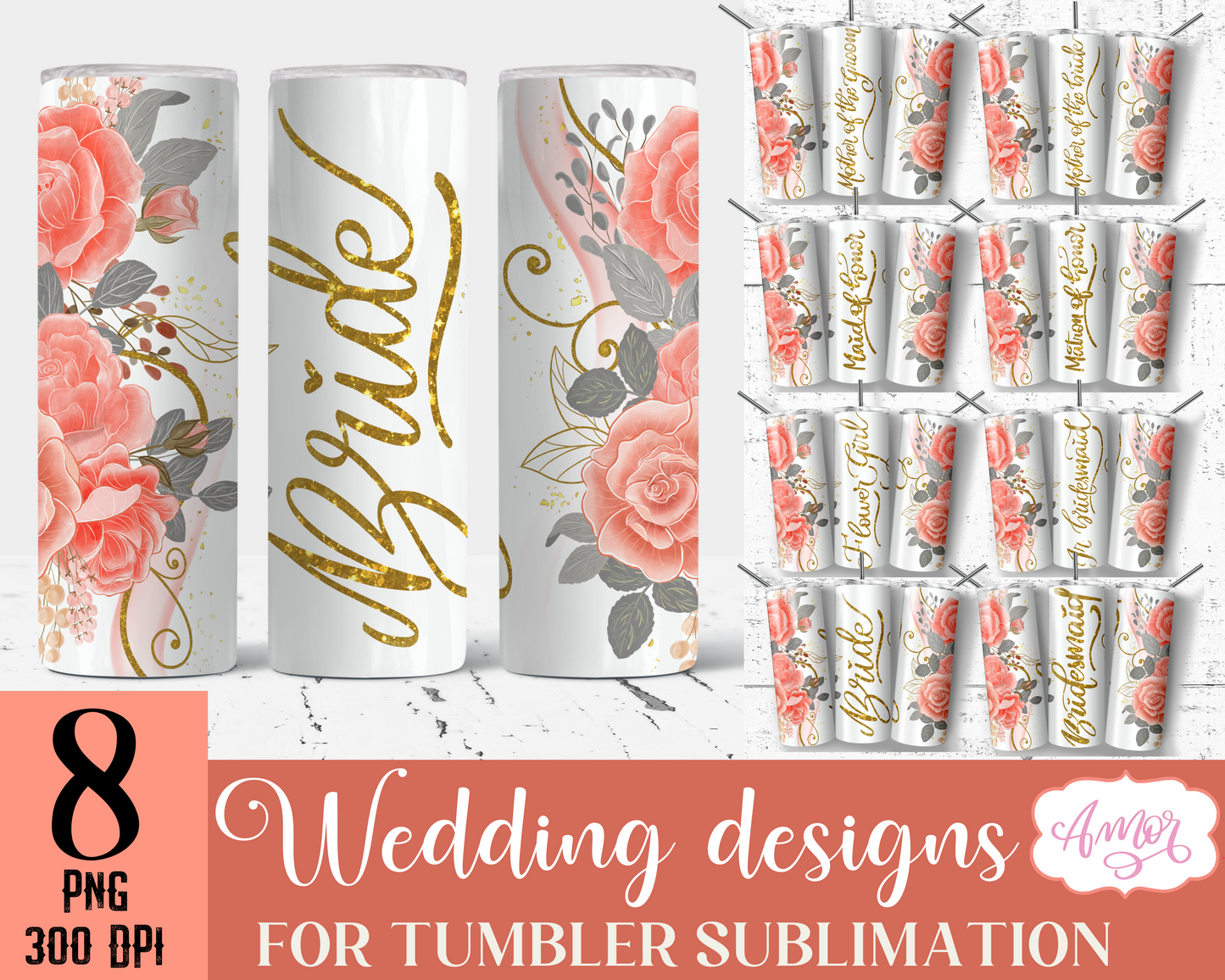 Bridal party tumbler wraps matching designs for sublimation
