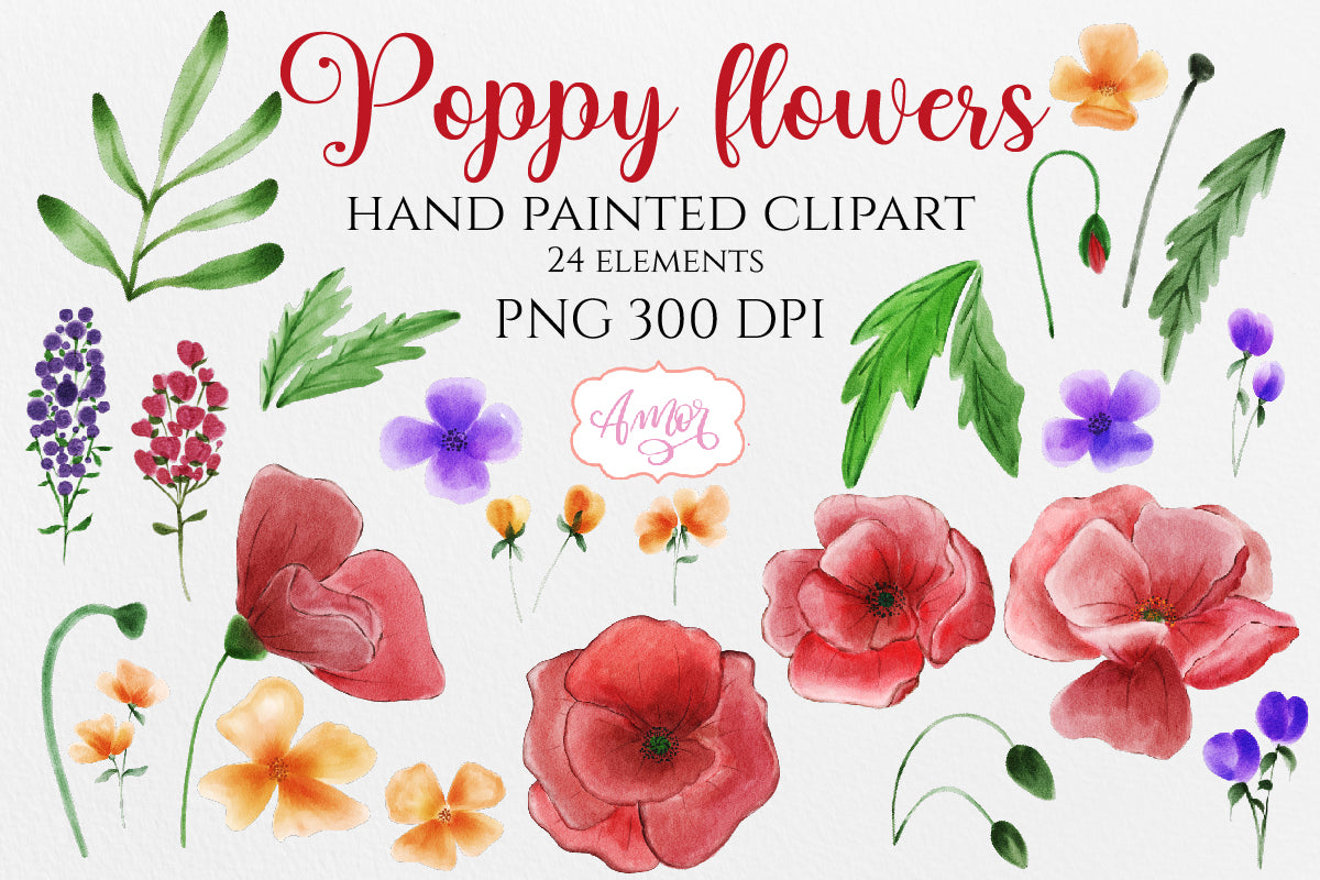 Watercolor Clipart Set with Poppy Flowers and Wildflowers