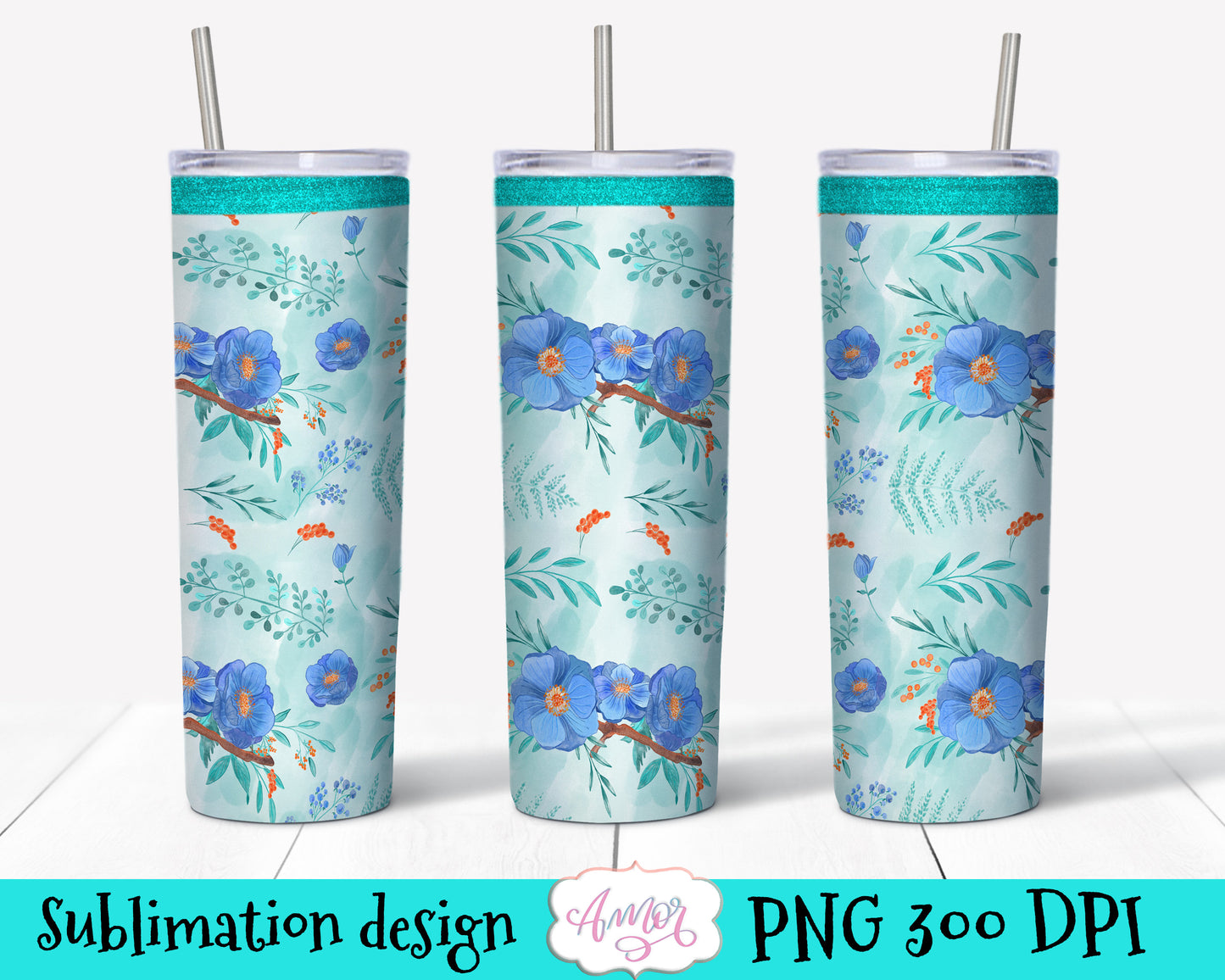 Blue Floral 20oz tumbler wraps BUNDLE