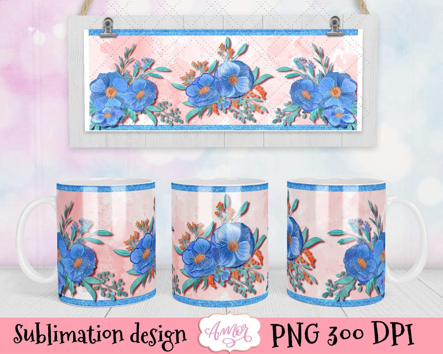 Watercolor Blue Floral Designs for mug sublimation BUNDLE