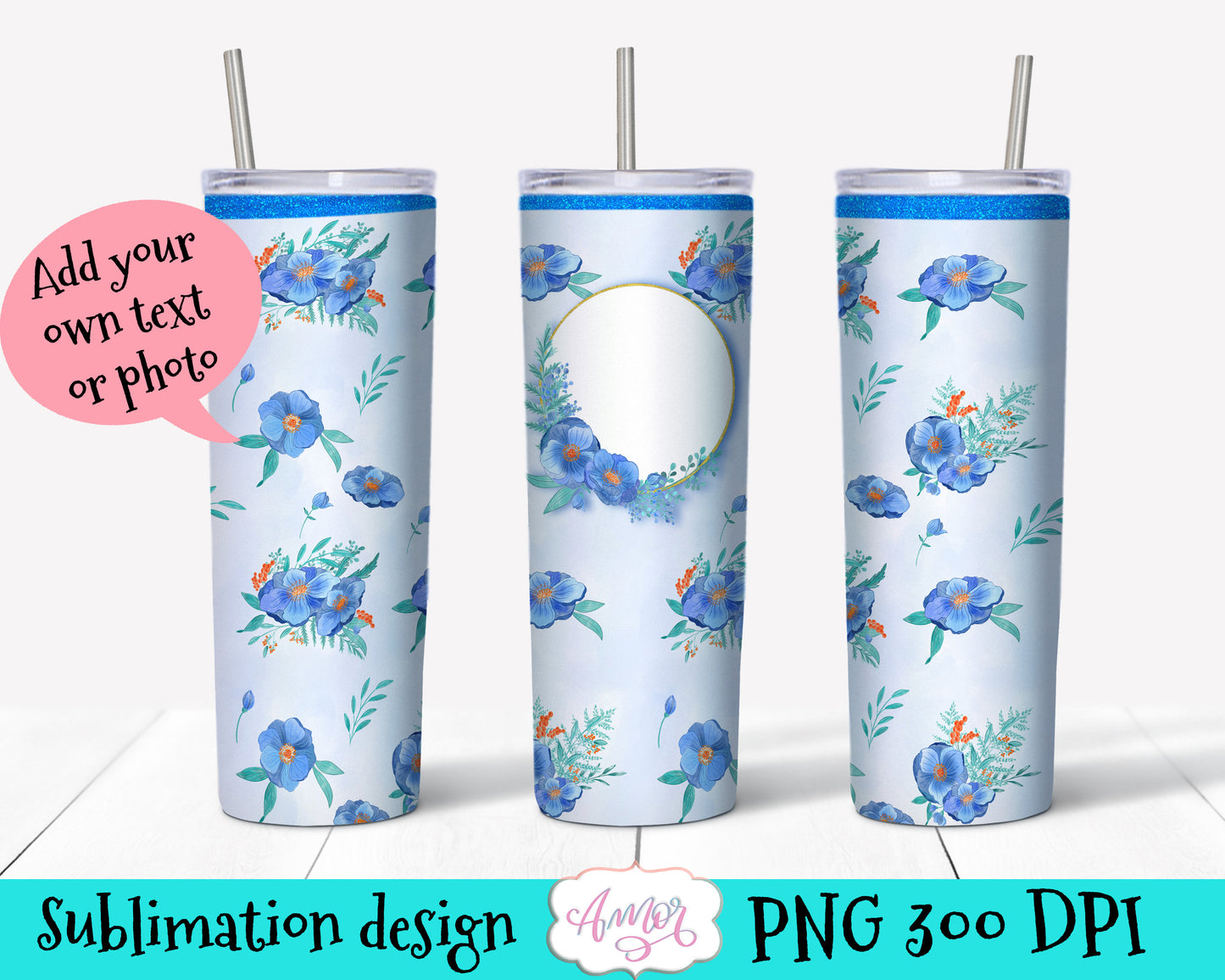 Blue Floral 20oz tumbler wraps BUNDLE