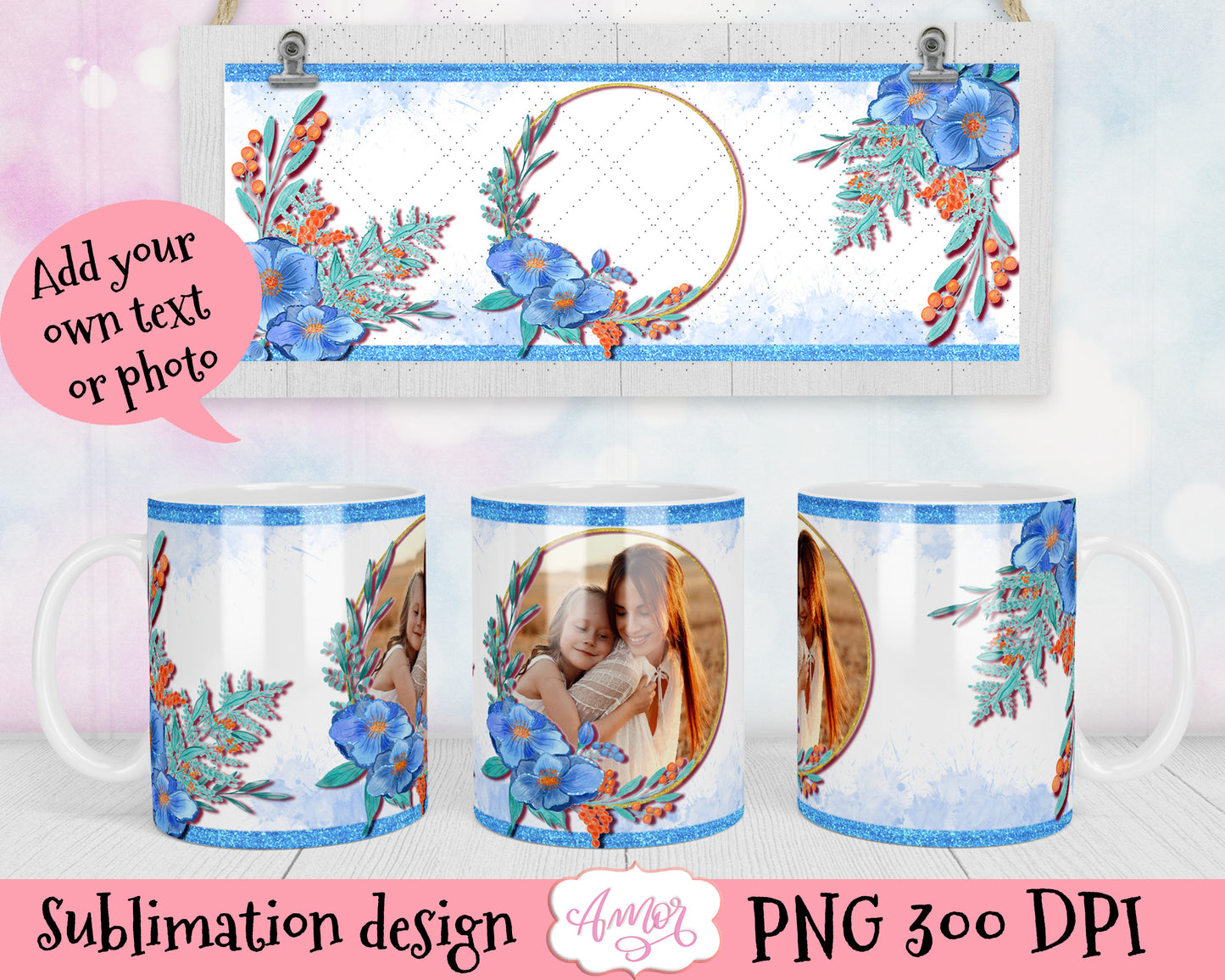 Watercolor Blue Floral Designs for mug sublimation BUNDLE