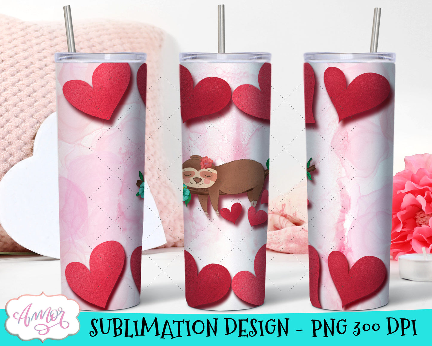 Sloths Valentines Skinny Tumbler Wrap for Sublimation Bundle