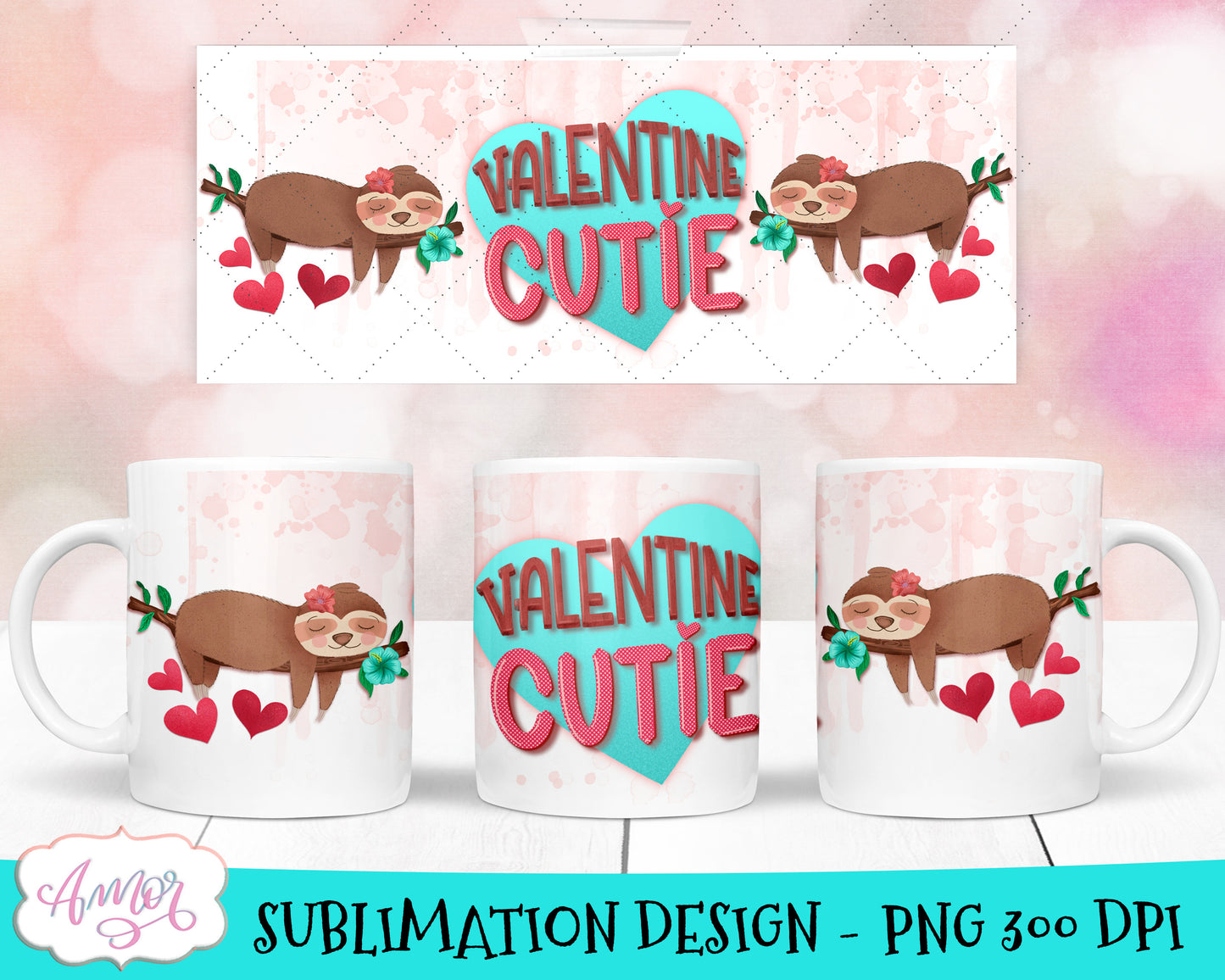 Cute Sloths Valentines Mug Wrap for Sublimation Bundle