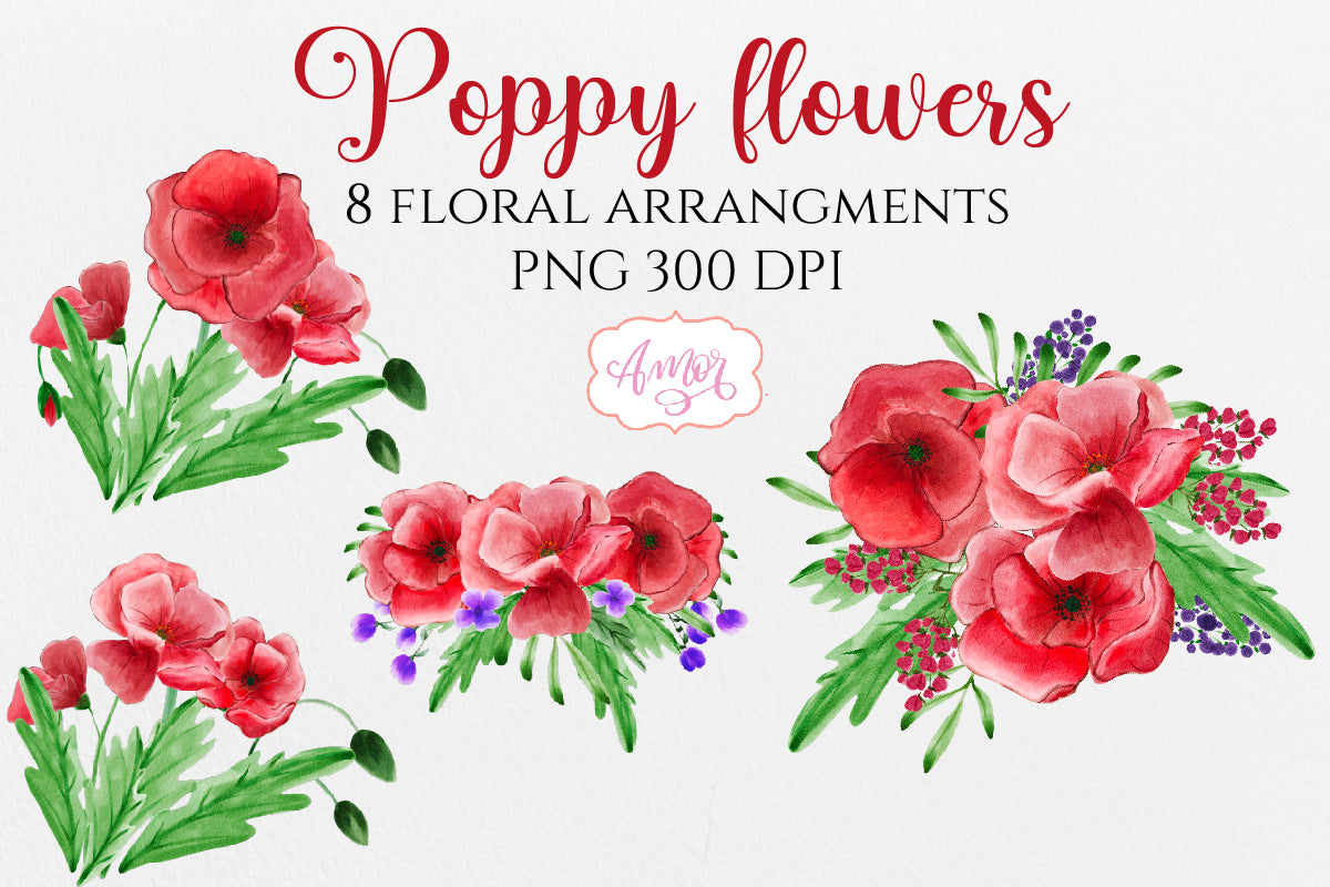 Watercolor Clipart Set with Poppy Flowers and Wildflowers