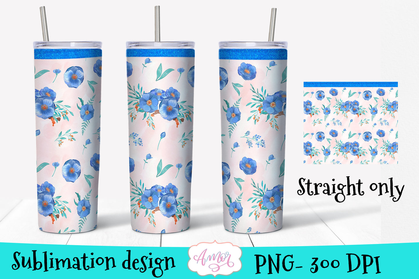 Watercolor Blue Flowers Design for tumbler sublimation