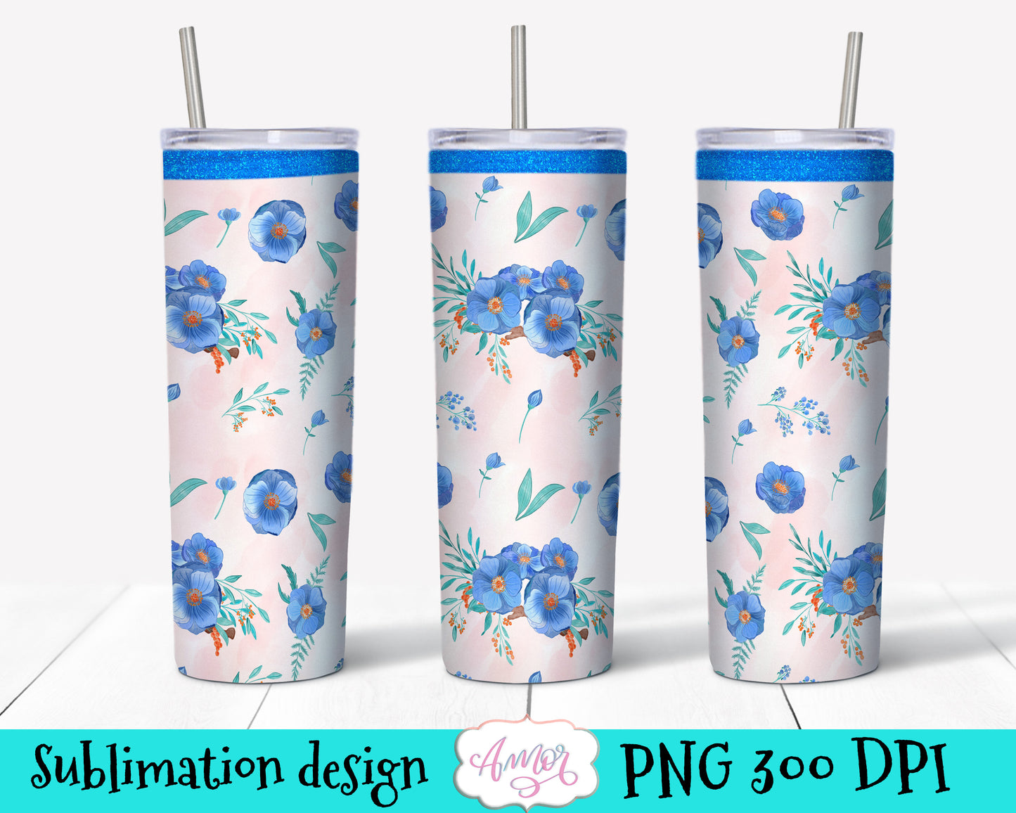 Blue Floral 20oz tumbler wraps BUNDLE