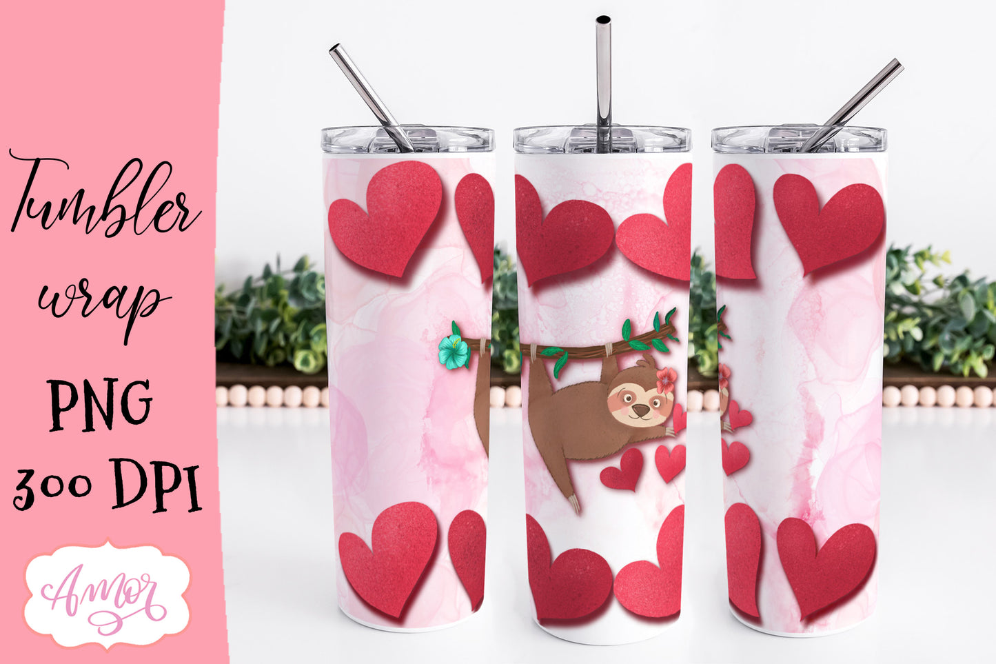 Sloths Valentines Skinny Tumbler Wrap for Sublimation Bundle