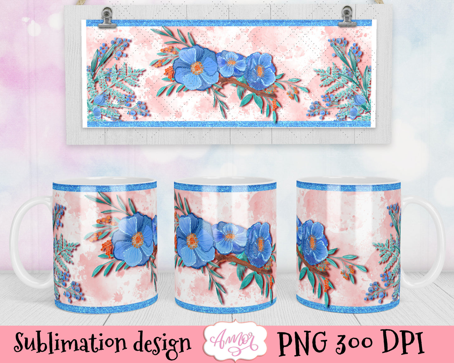 Watercolor Blue Floral Designs for mug sublimation BUNDLE