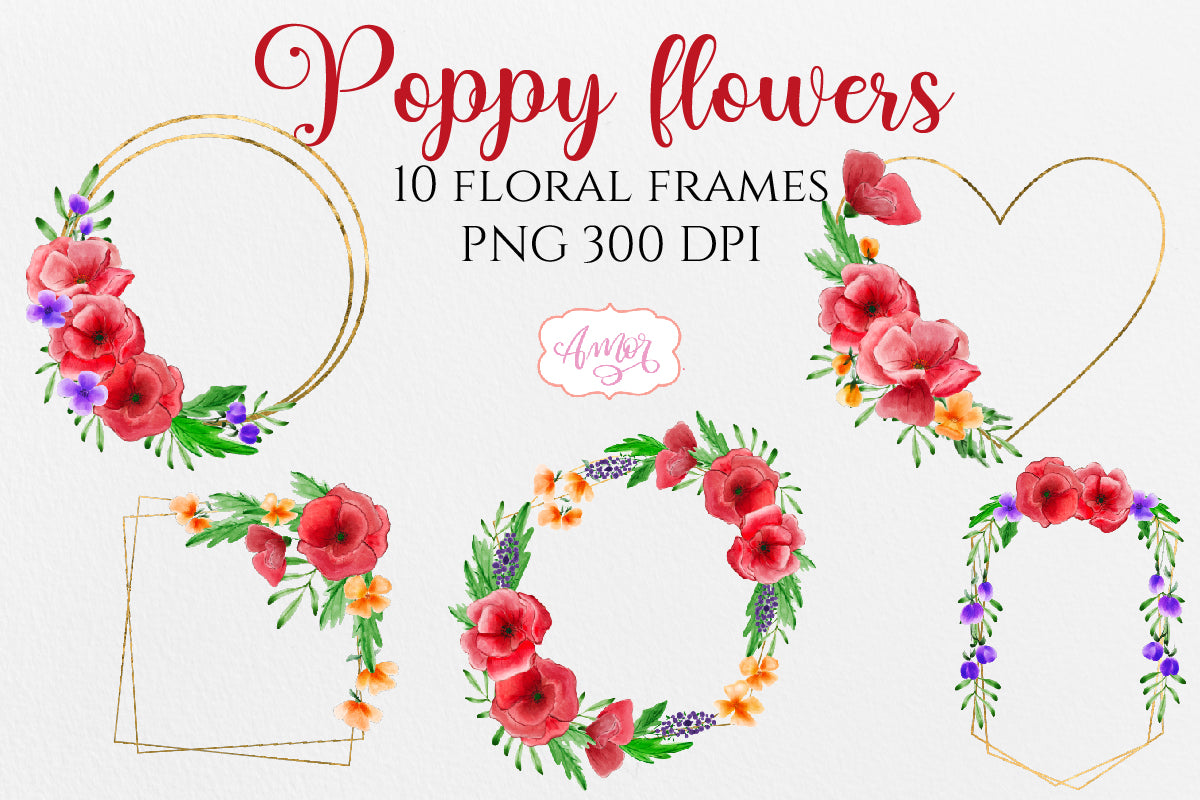 Watercolor Clipart Set with Poppy Flowers and Wildflowers
