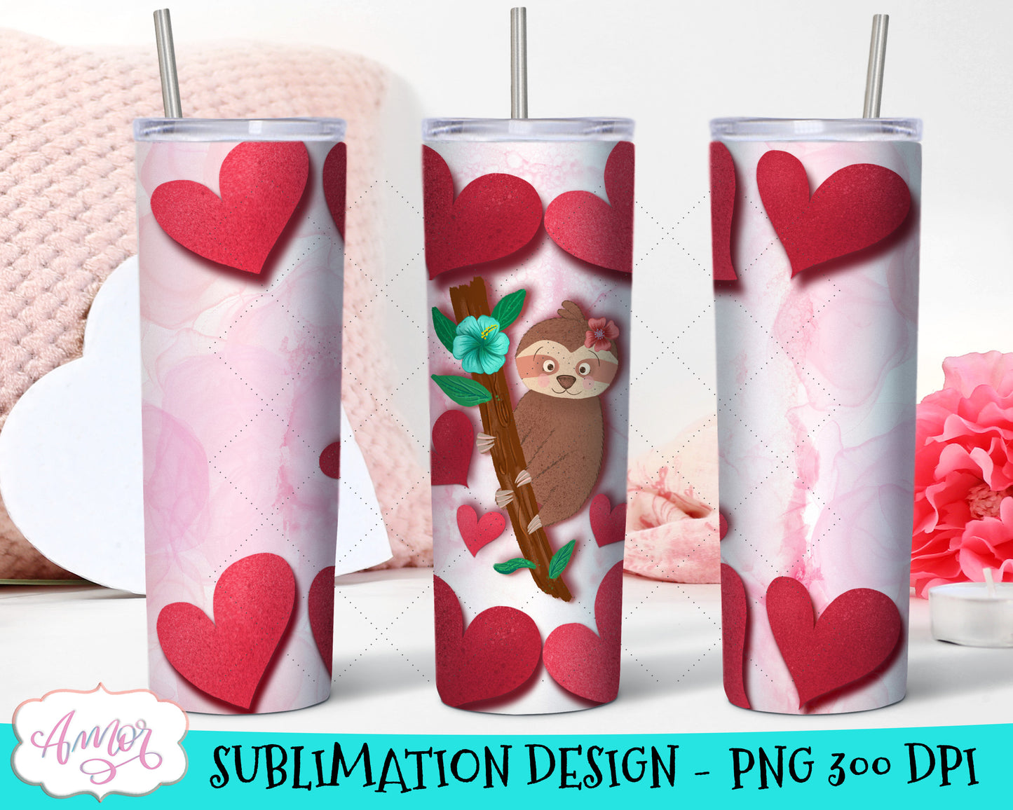 Sloths Valentines Skinny Tumbler Wrap for Sublimation Bundle