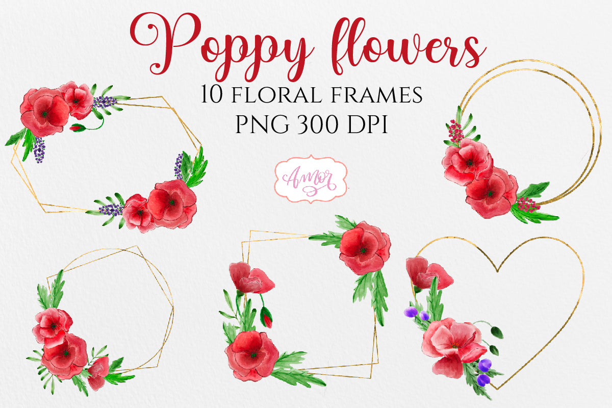 Watercolor Clipart Set with Poppy Flowers and Wildflowers