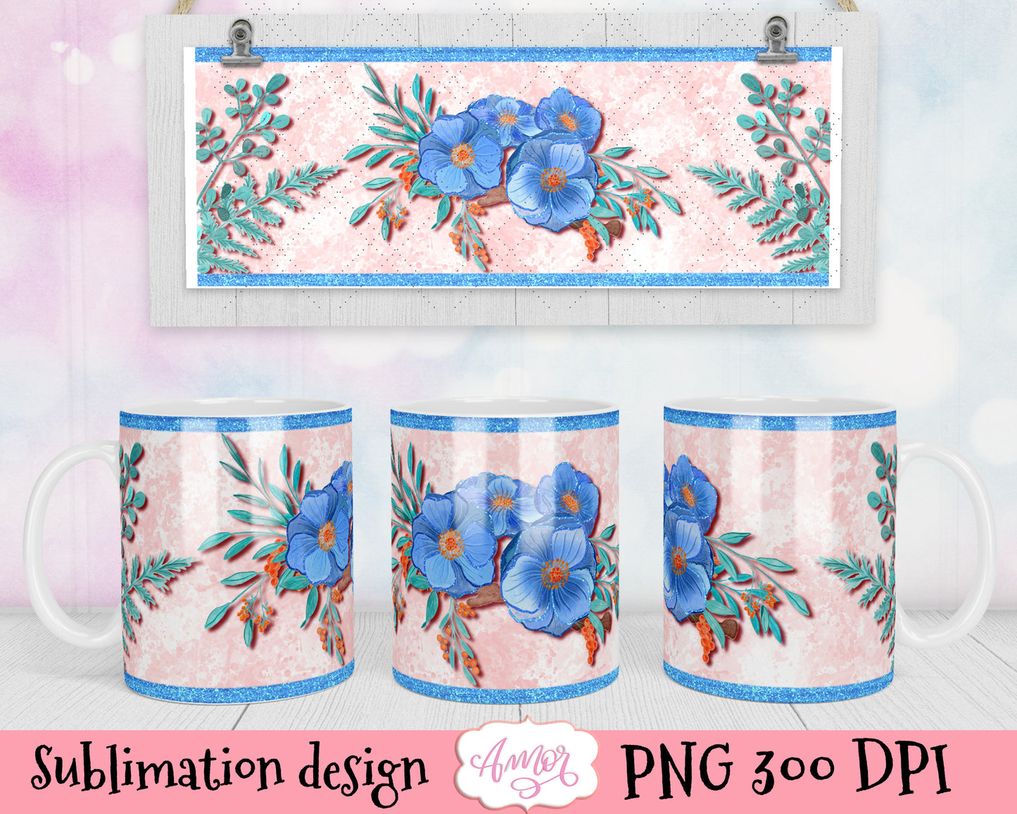Watercolor Blue Floral Designs for mug sublimation BUNDLE