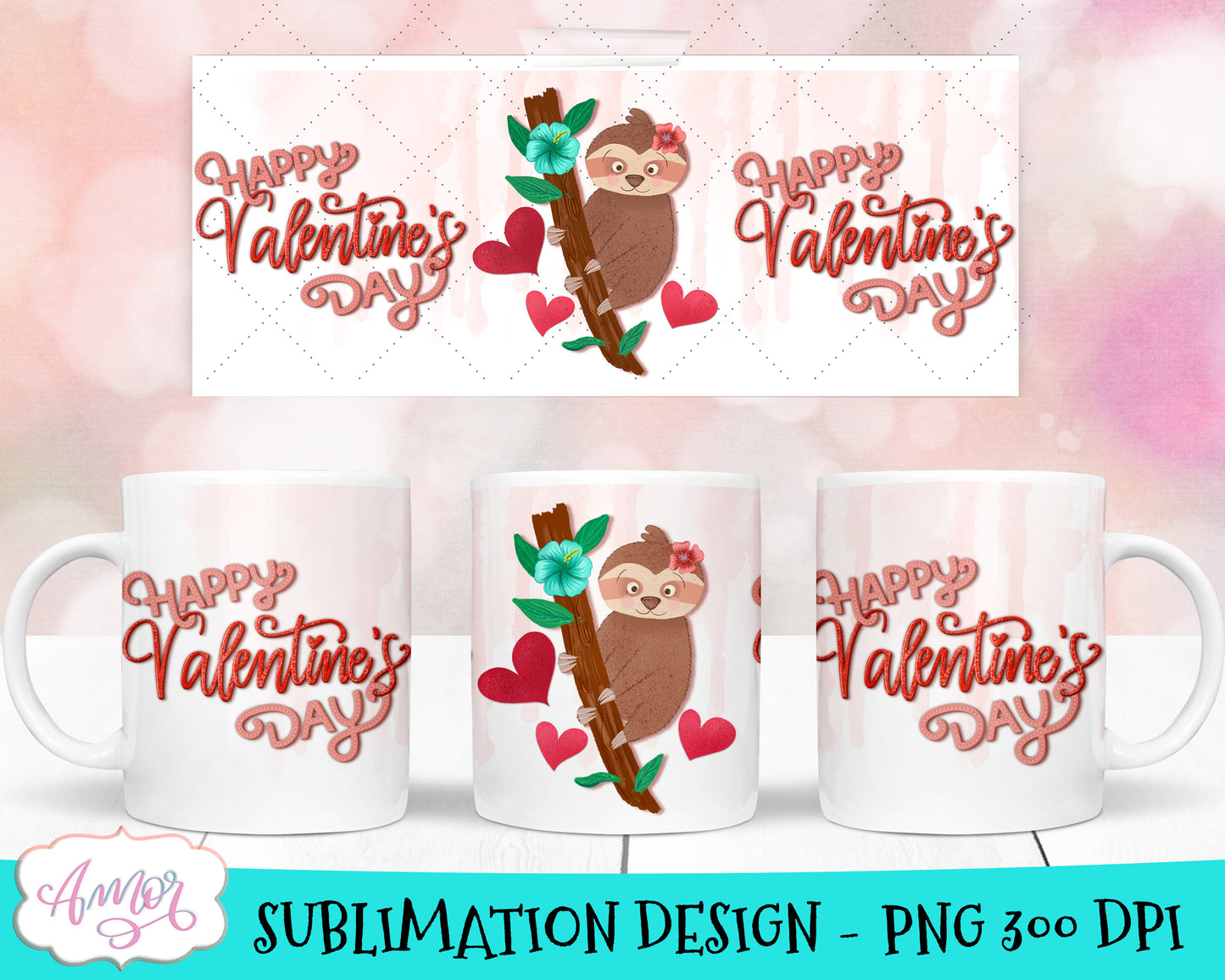 Cute Sloths Valentines Mug Wrap for Sublimation Bundle