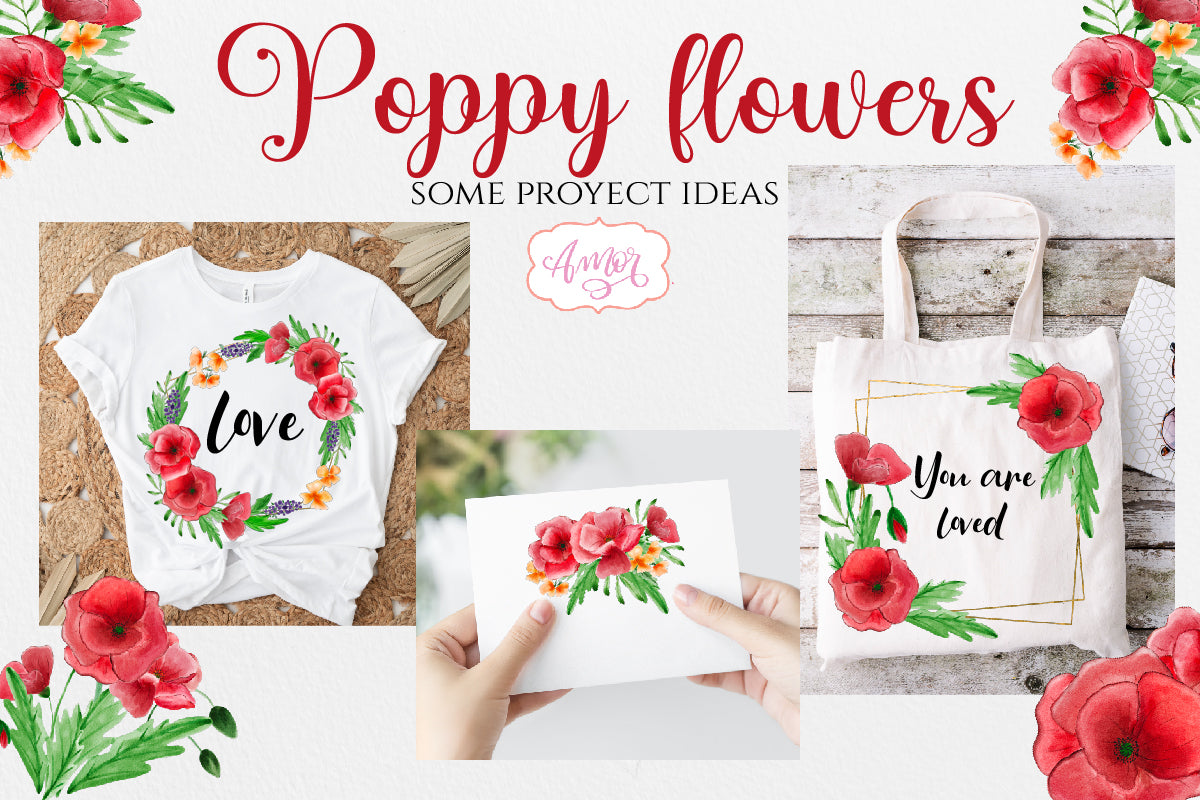 Watercolor Clipart Set with Poppy Flowers and Wildflowers