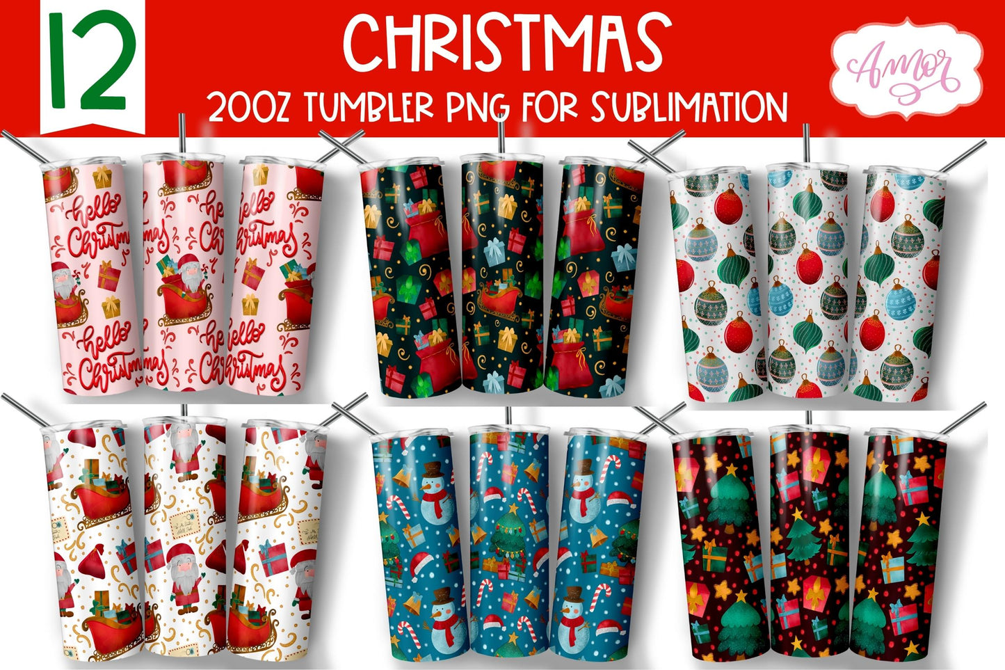 BUNDLE Christmas tumbler wrap for sublimation, 12 PNG