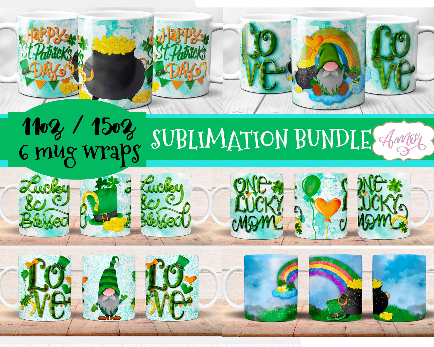 BUNDLE St. Patrick's Day mug wraps PNG for sublimation